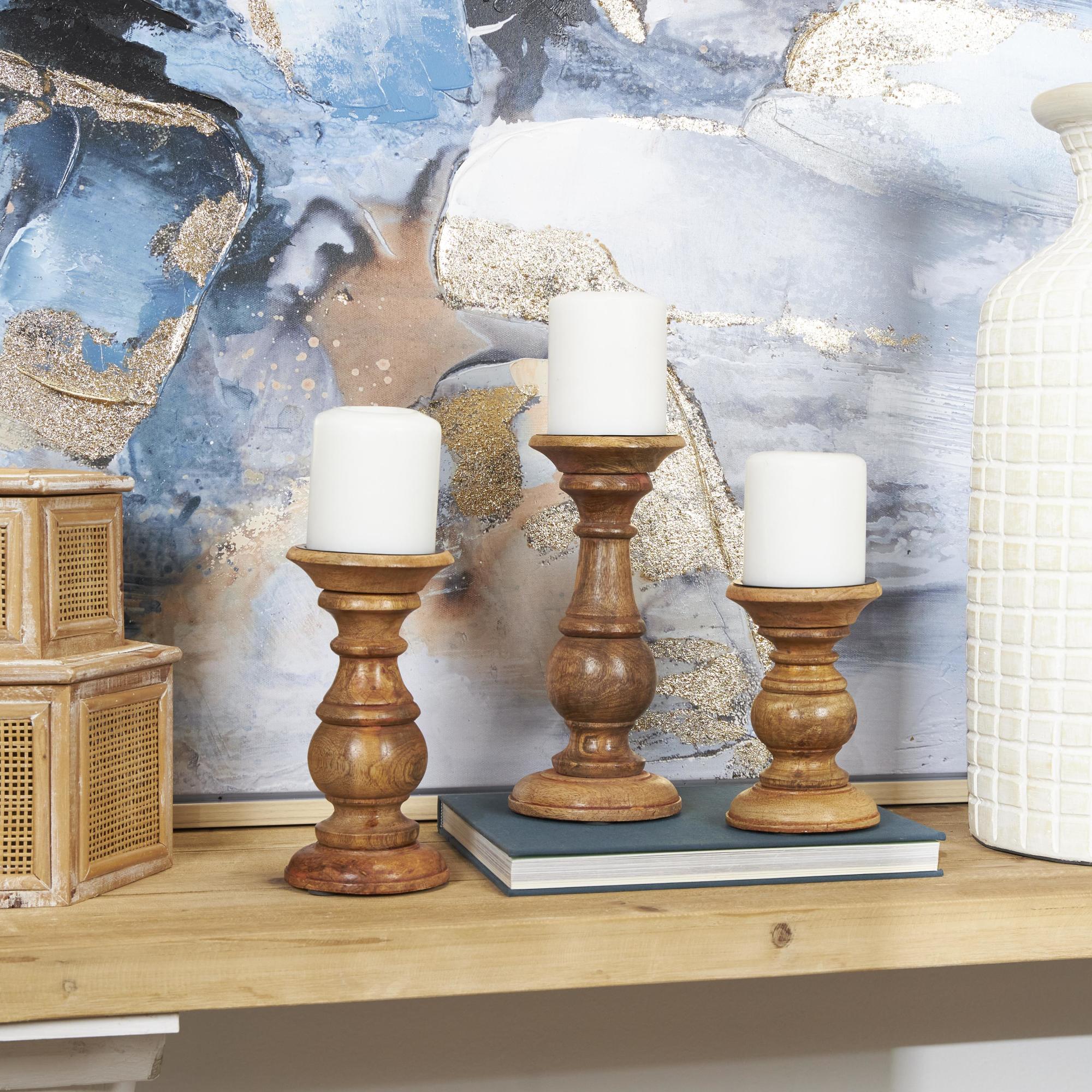 Set of 3 Mango Wood Distressed Turned Pillar Decorative Candle Holder