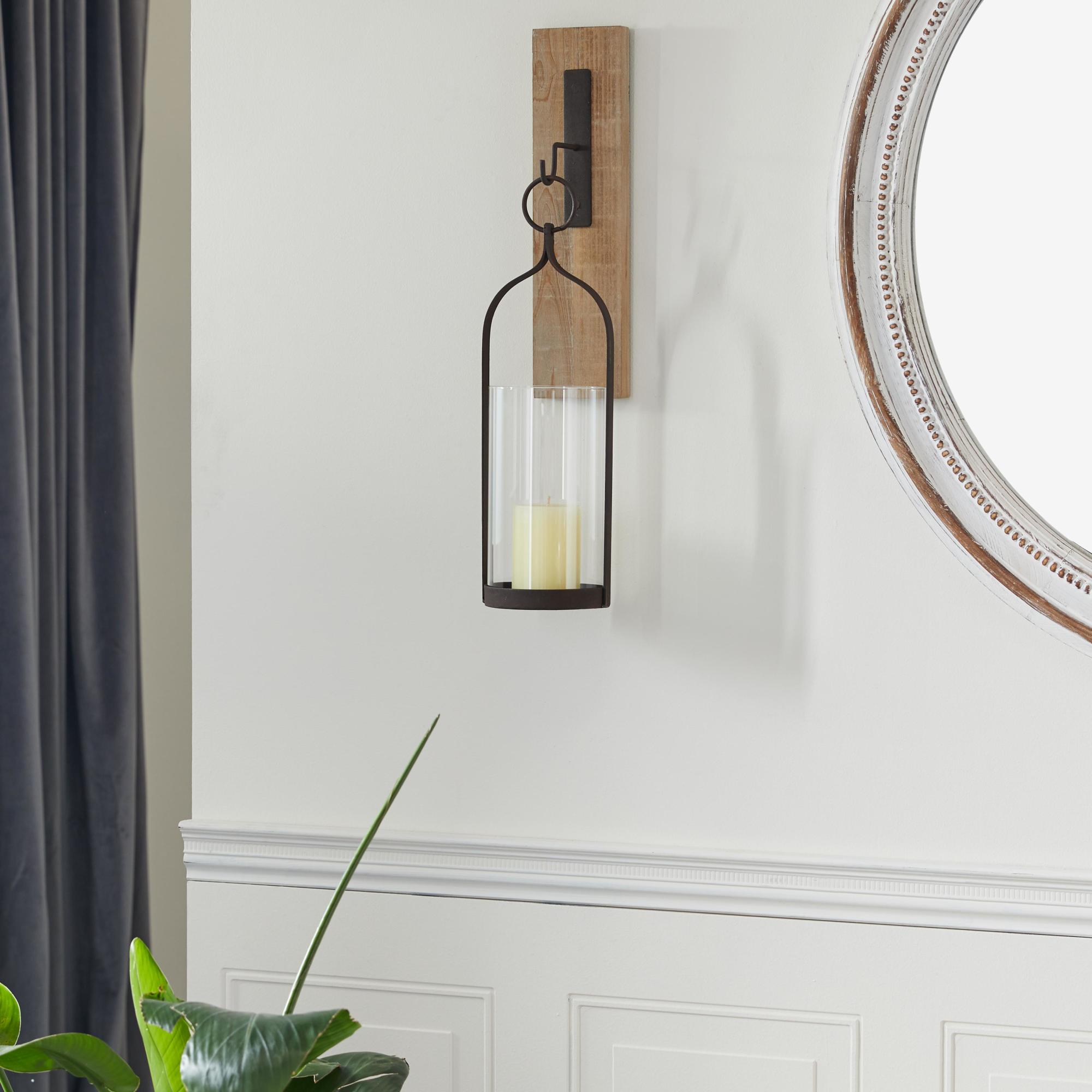 Abstract Brown Wood Indoor Outdoor Wall Sconce with Suspended Black Metal and Glass Holder