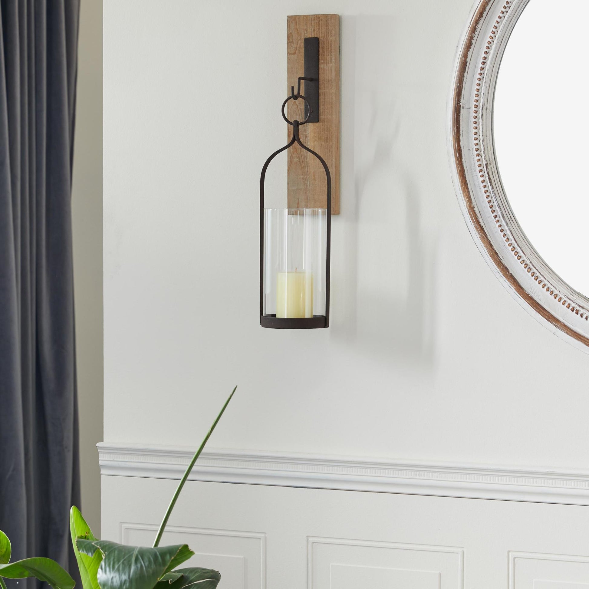 Abstract Brown Wood Indoor Outdoor Wall Sconce with Suspended Black Metal and Glass Holder
