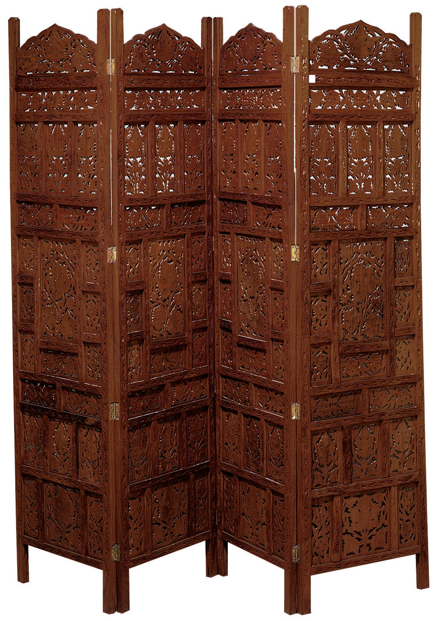 Floral Red Wood Handmade Carved Foldable Partition 4 Panel Partition Room Divider Screen