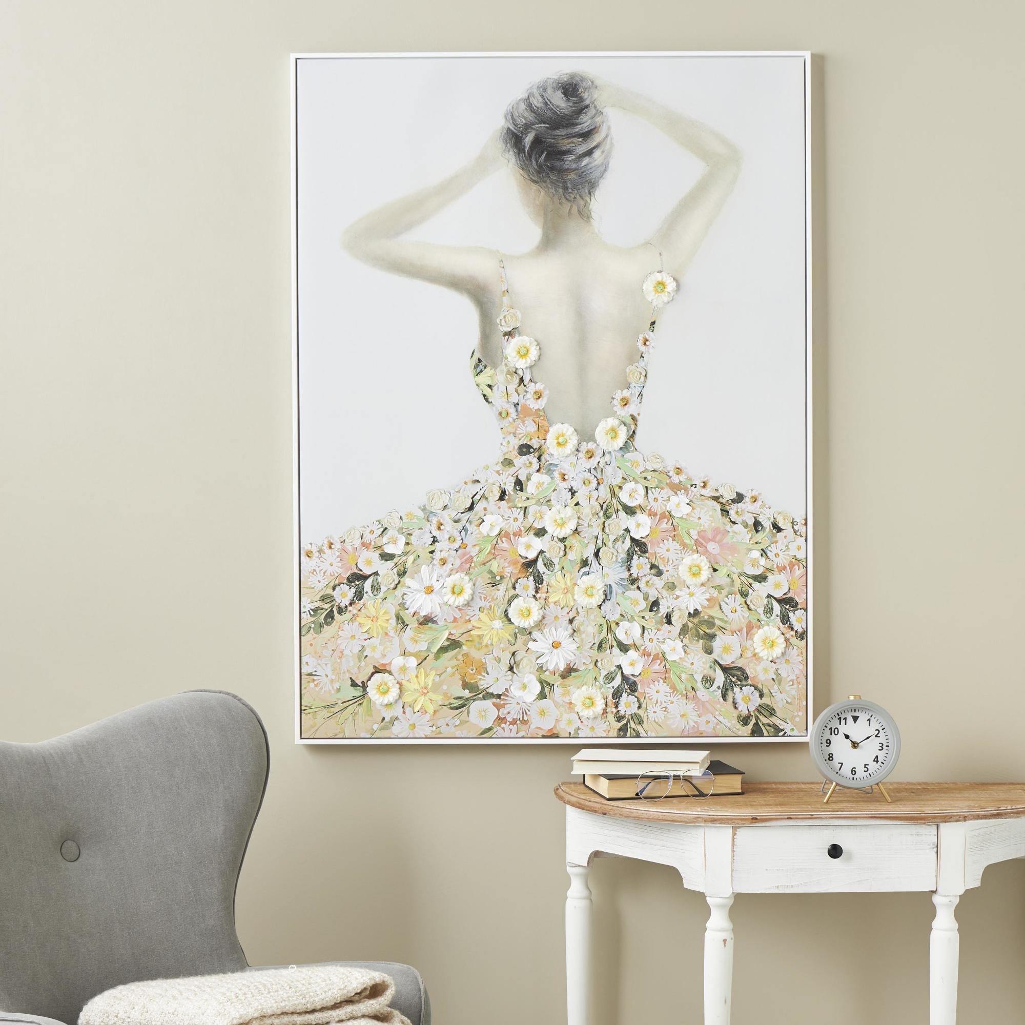 Woman Multi Colored Canvas Living Room Framed Wall Art with 3D Daisy Flowers