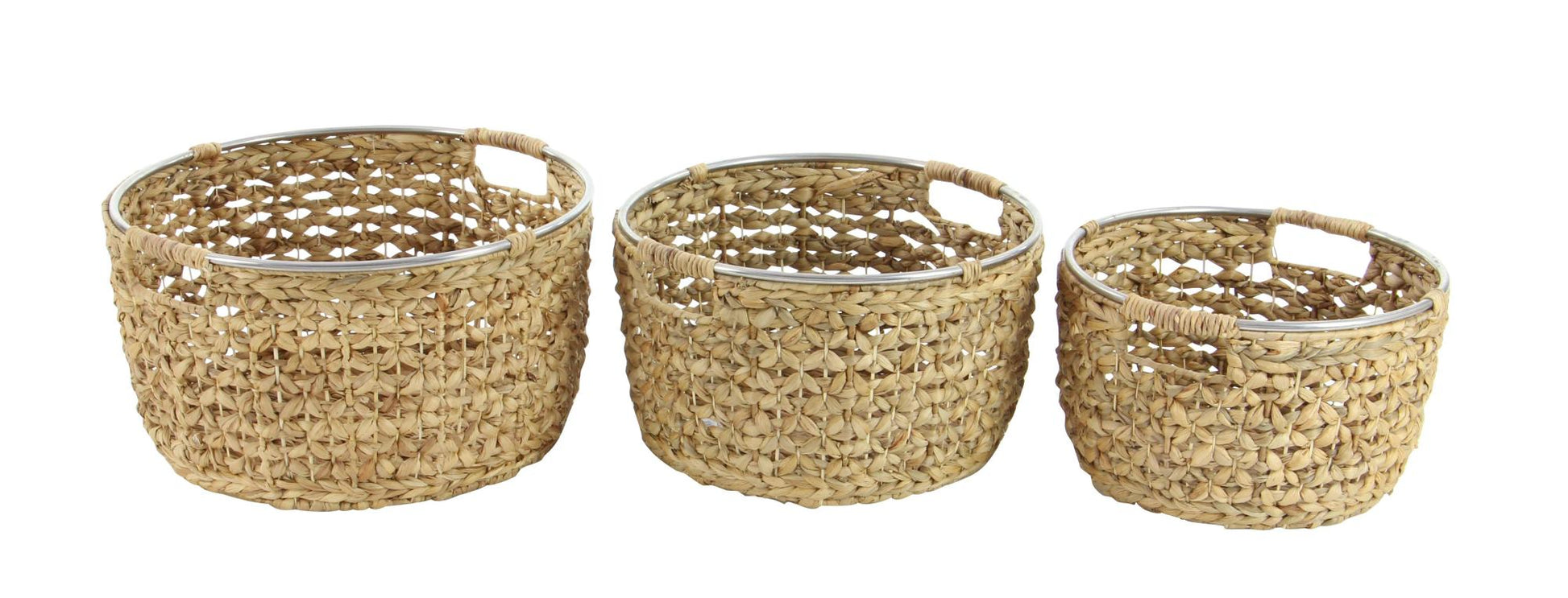 Set of 3 Light Brown Seagrass Handmade Decorative and Functional Storage Basket with Metal Handles