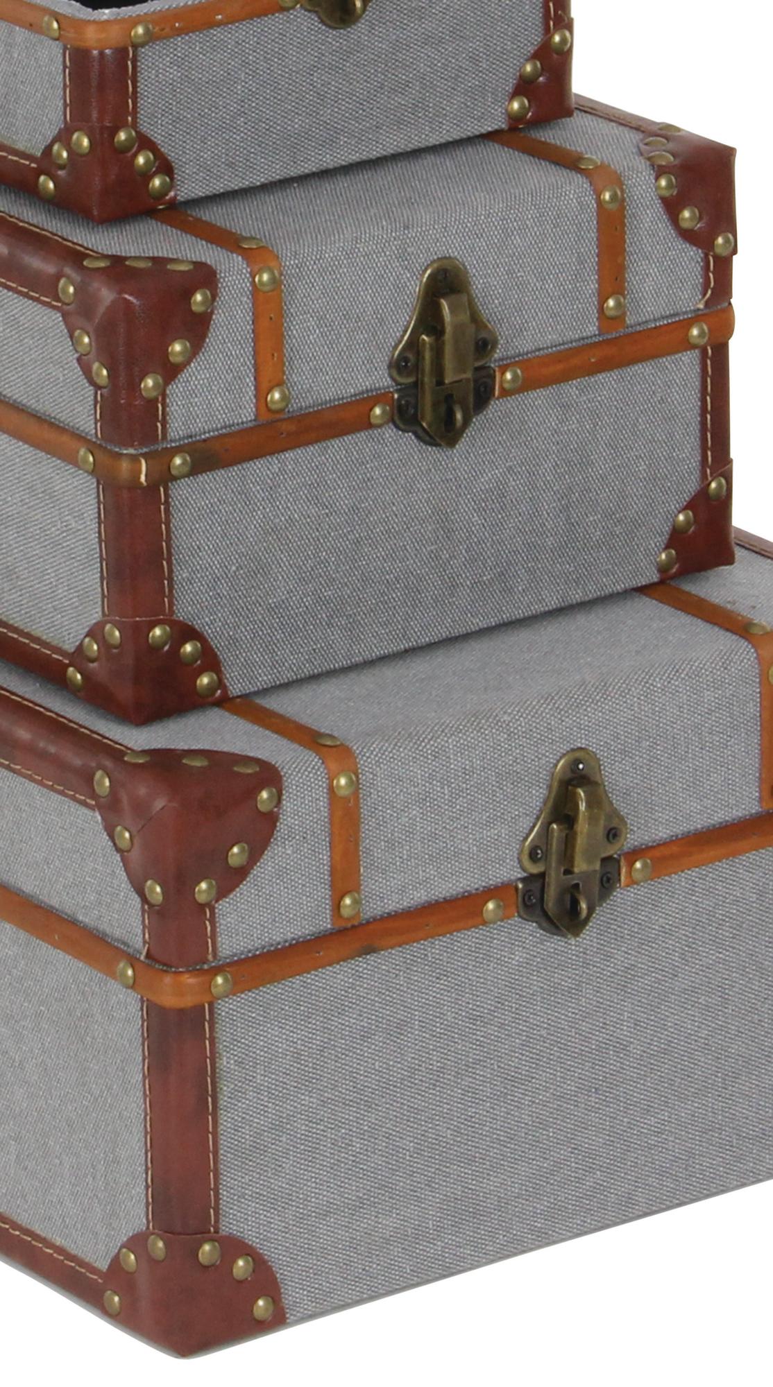 Set of 3 Gray Wooden Upholstered Decorative Box with Hinged Lid