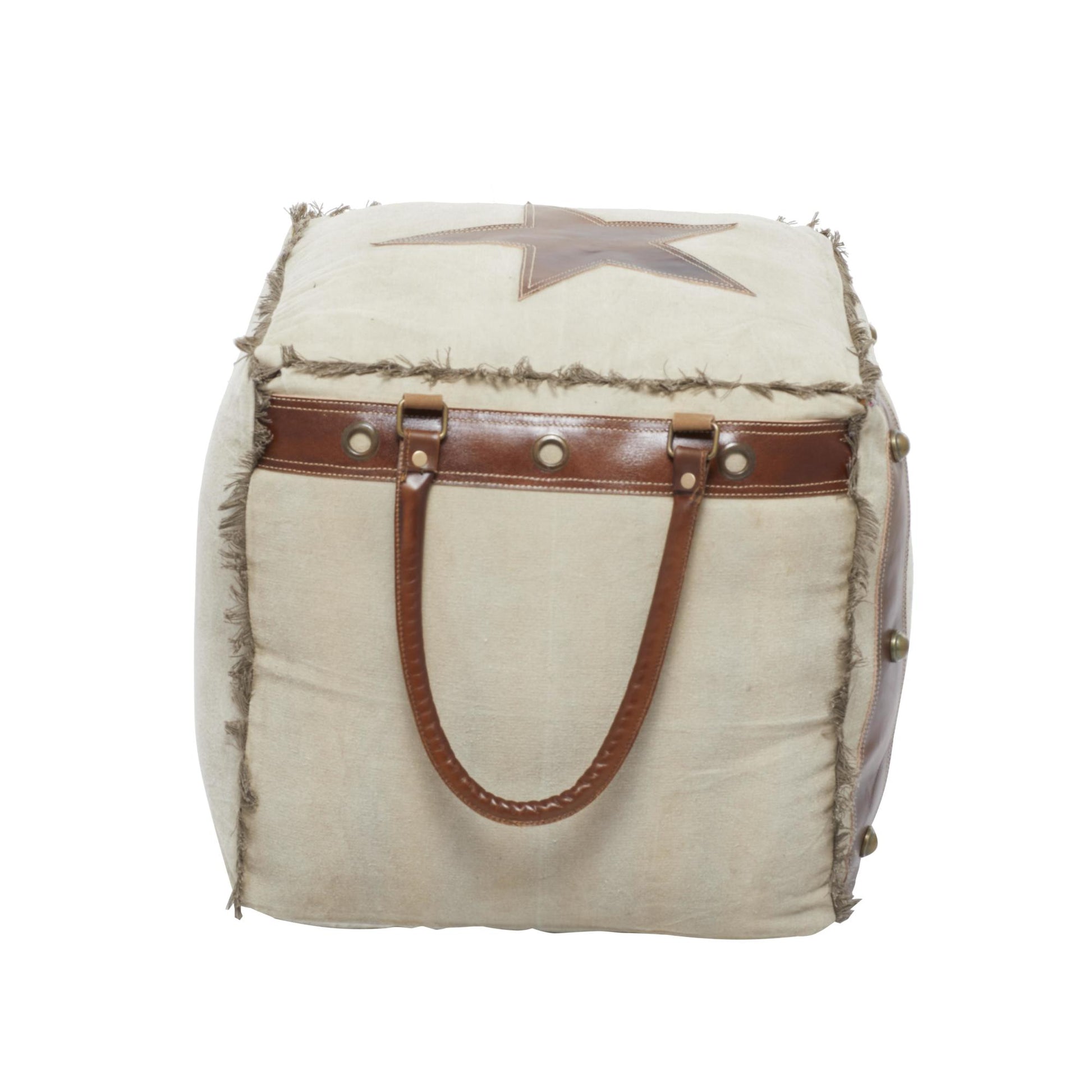 Star Canvas Stuffed Pouf with Leather Accents
