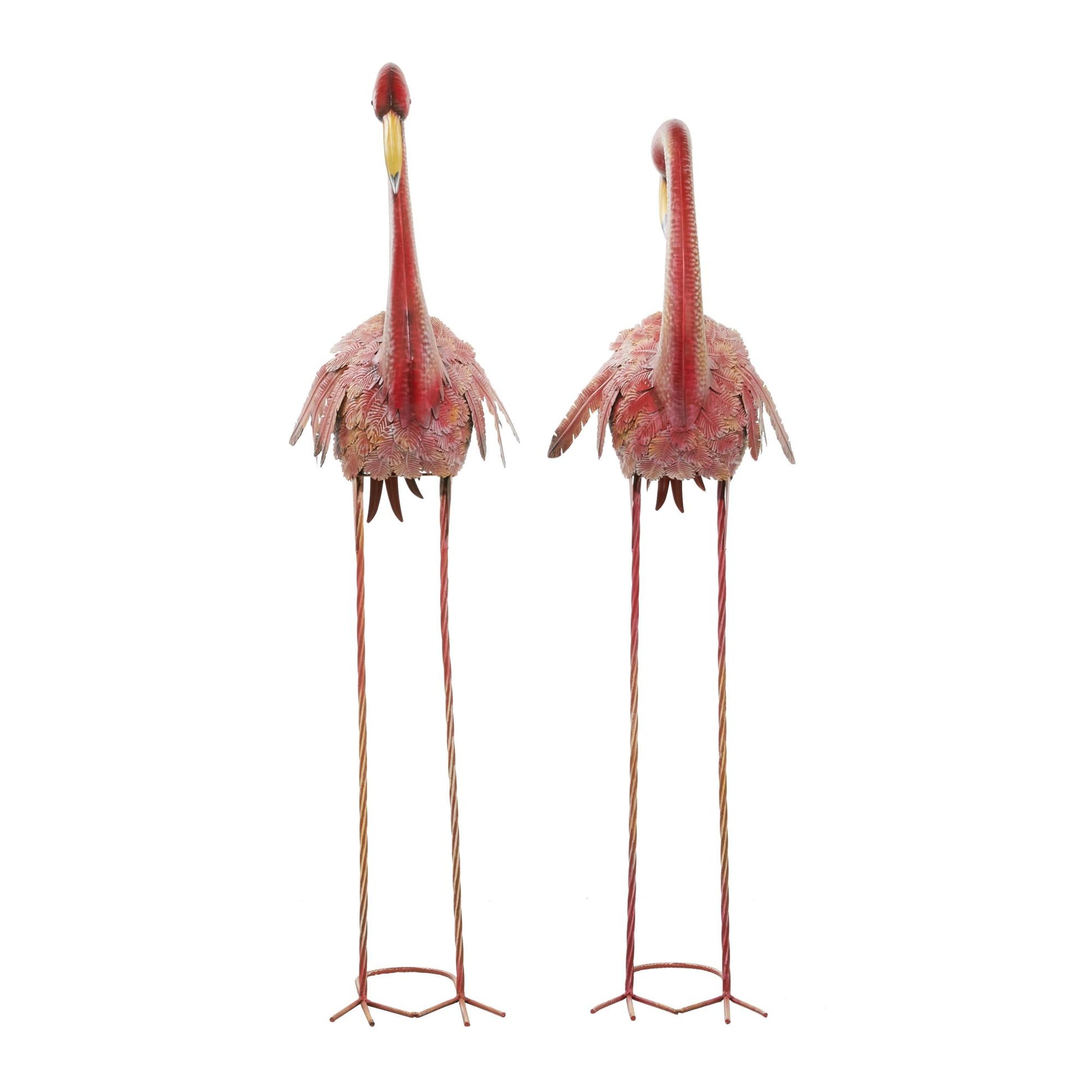 Set of 2 Flamingo Pink Metal Indoor Outdoor Standing Decorative Garden Sculpture with Yellow Accents