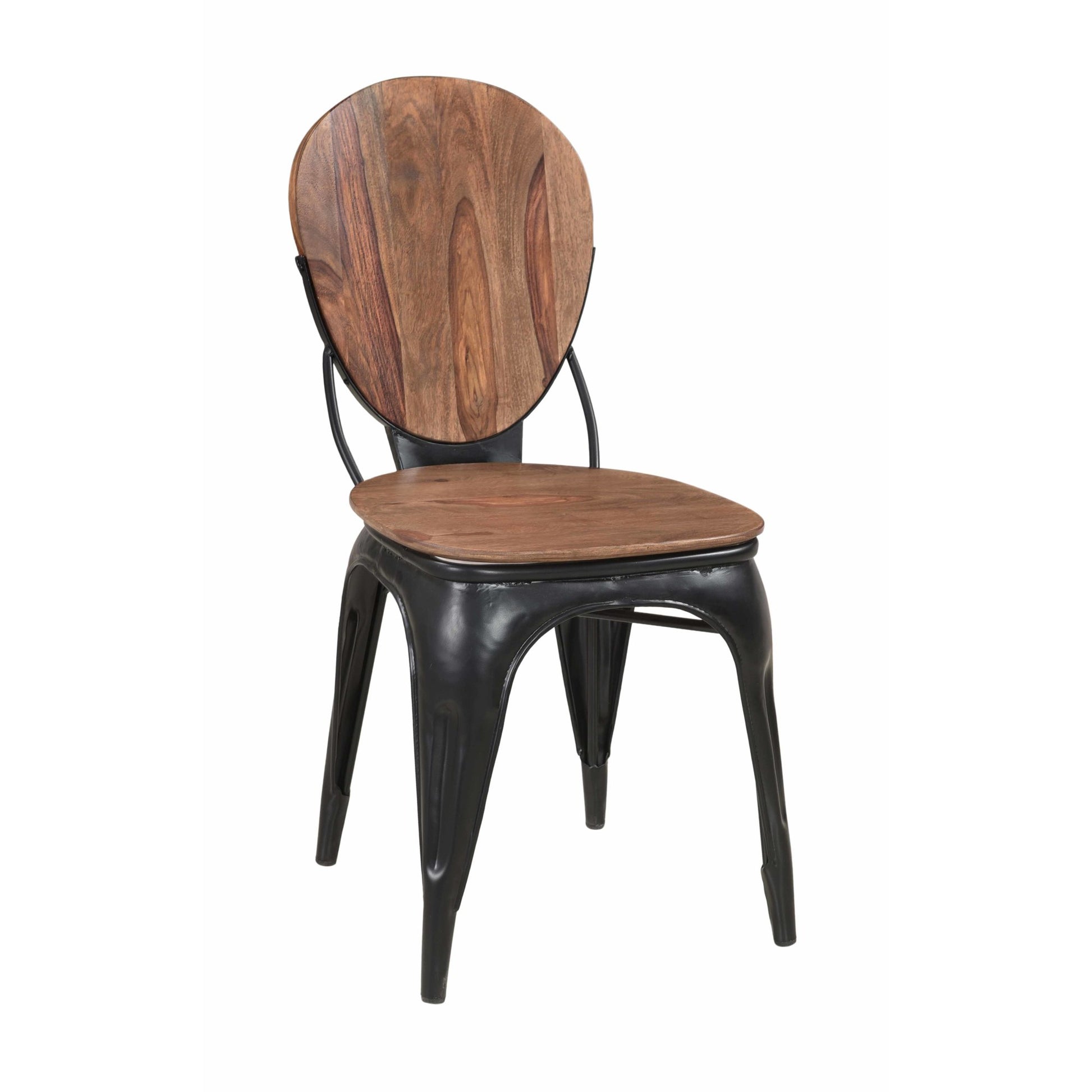 Set of 2 Brown Sheesham Wood Rounded Kitchen Dining Chair with Black Iron Tapered Legs and Curved Support