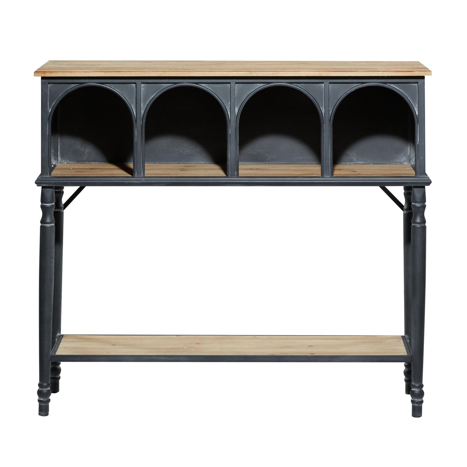 Black Metal Arched 2 Shelf and 4 Cubby Living Room Console Table with Brown Wood Shelves