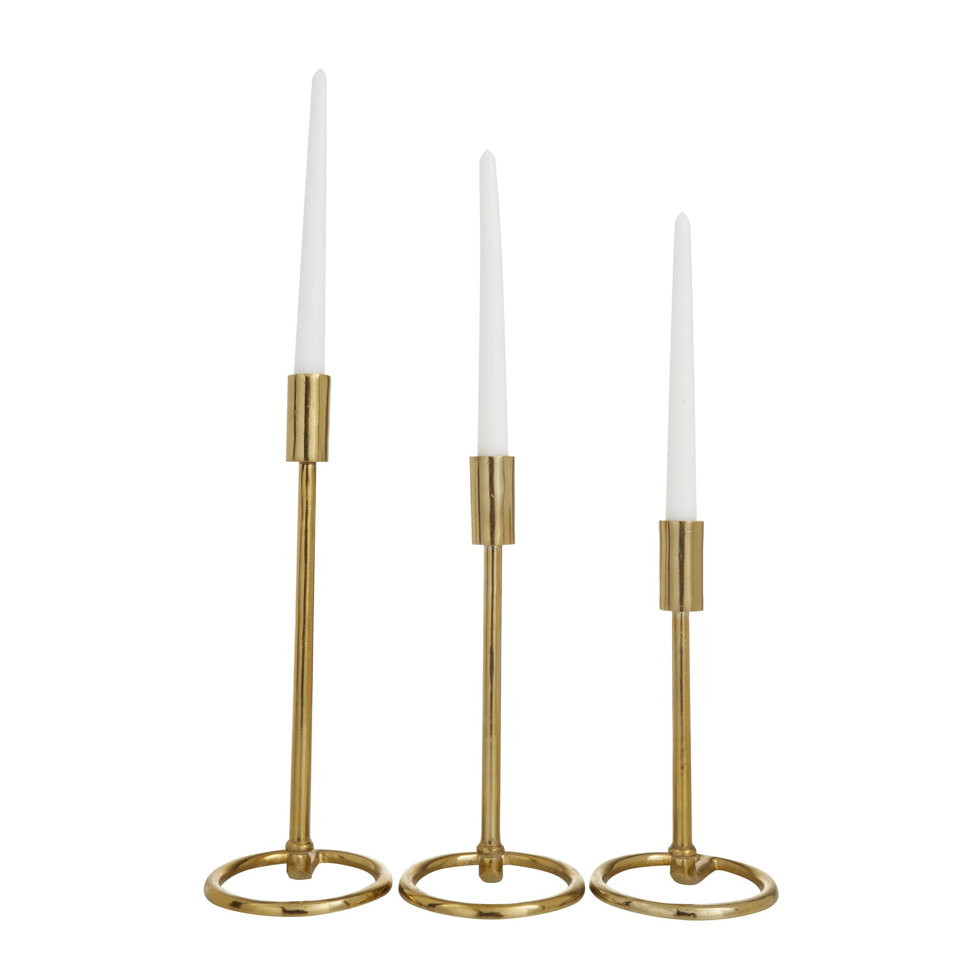 Set of 3 Gold Aluminum Metal Tapered Decorative Candle Holder with Ring Bases