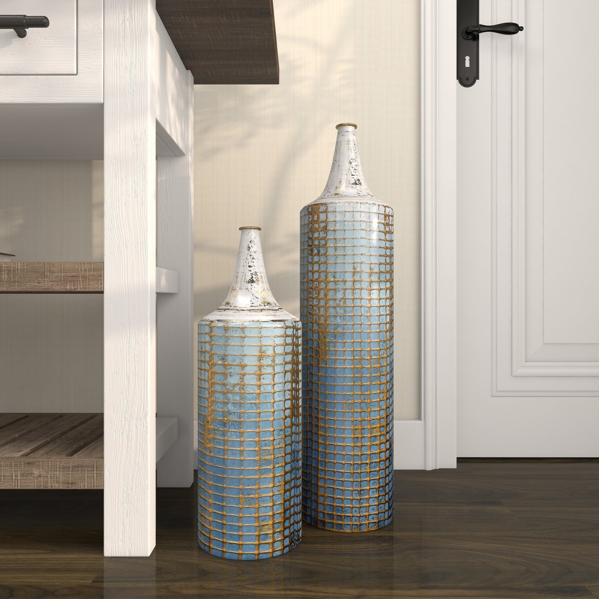 Set of 2 Geometric Blue Metal Distressed Tall Decorative Vase with Grid Pattern and Gold Accents