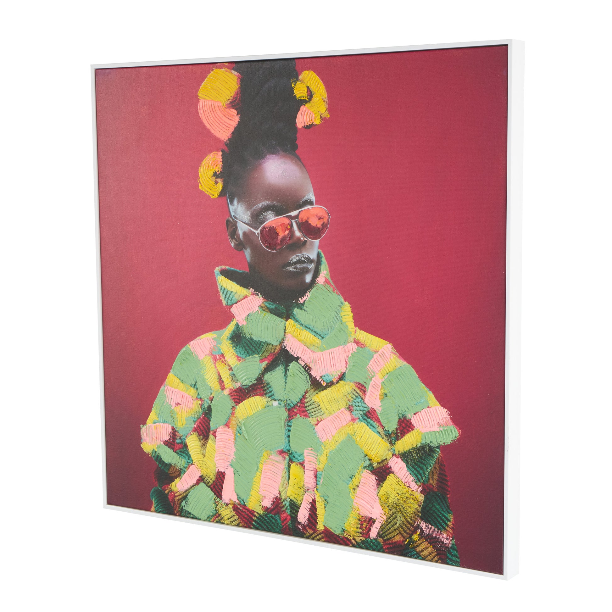 Woman Pink Canvas Chic Living Room Framed Wall Art with Green and Yellow Dresswear