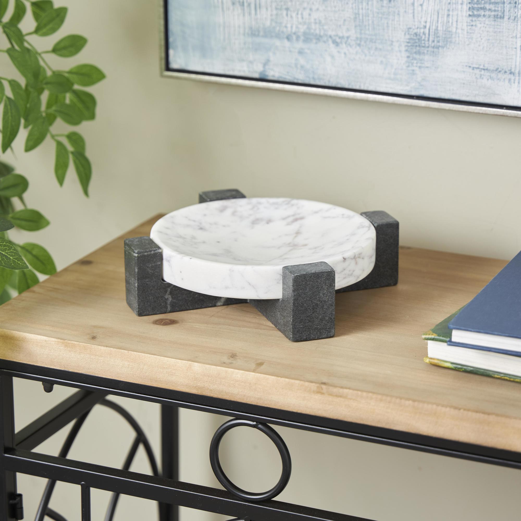 Geometric White Marble Round Living Room Decor Tray with Black X-Shaped Base