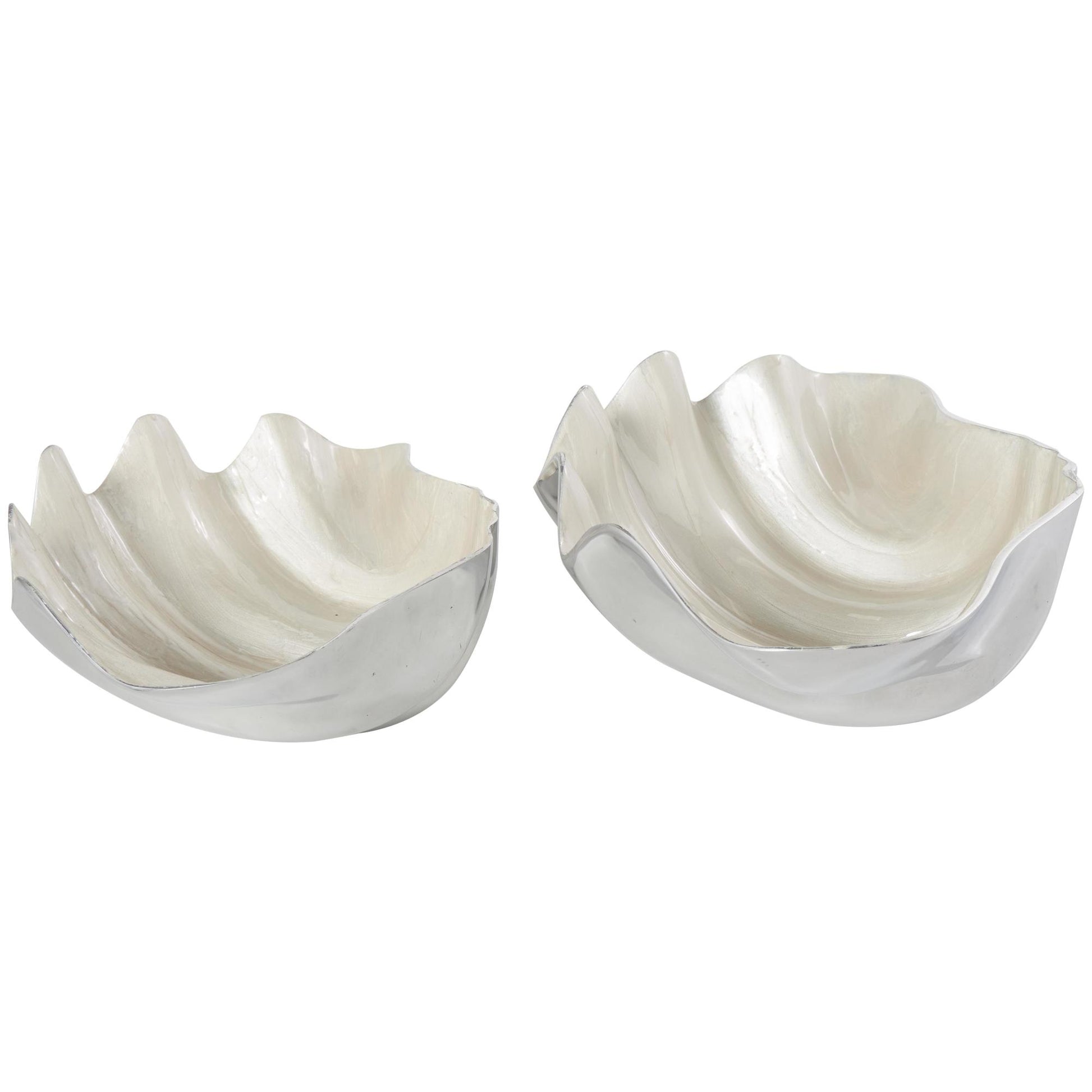 Set of 2 Shell Aluminum Metal Enameled Large Decorative Bowl with Silver Metal Exterior