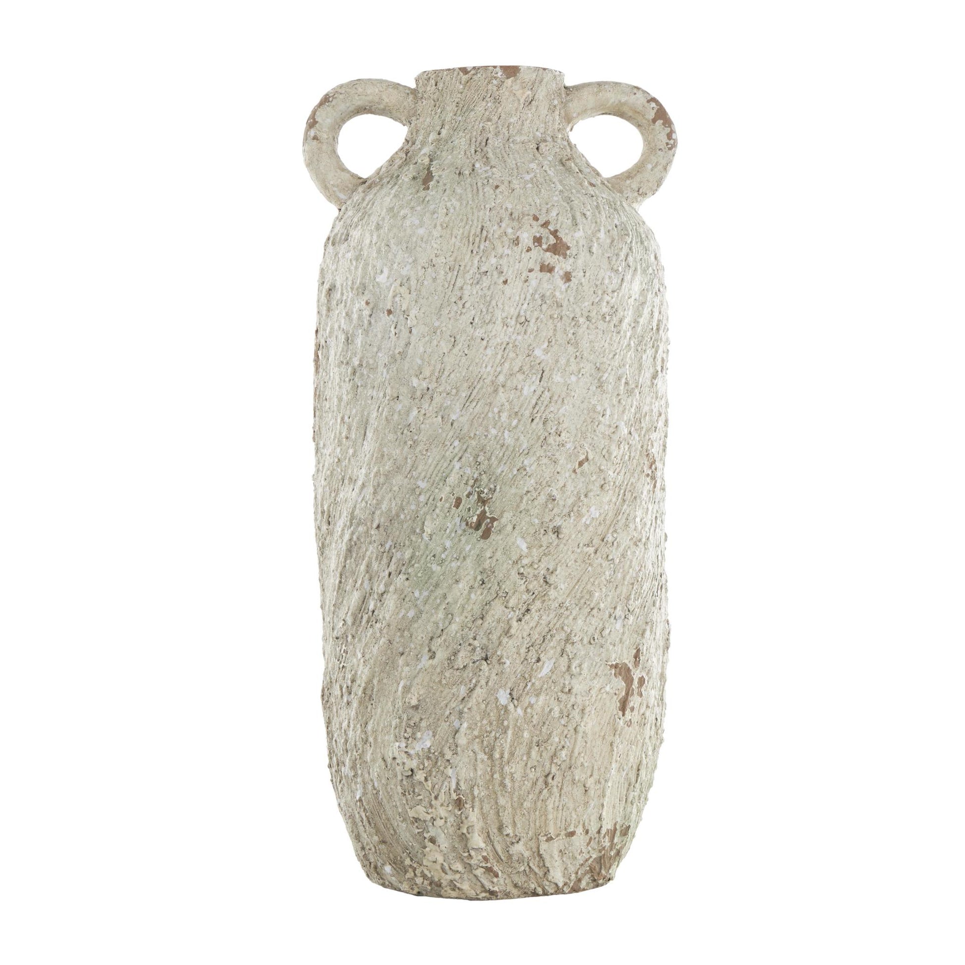 Cream Magnesium Oxide Antique Textured Amphora Decorative Vase with 2 Small Handles