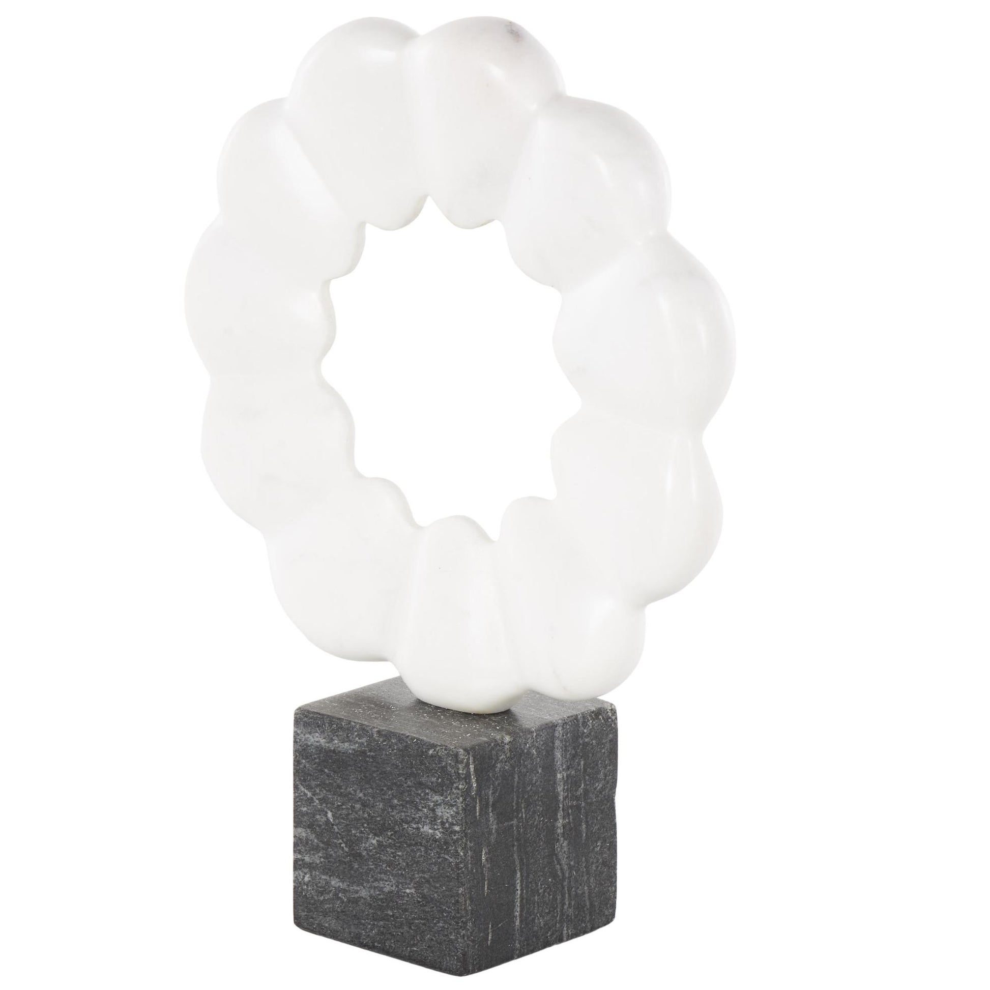 Geometric White Marble Floral Inspired Ring Decorative Sculpture with Black Block Base
