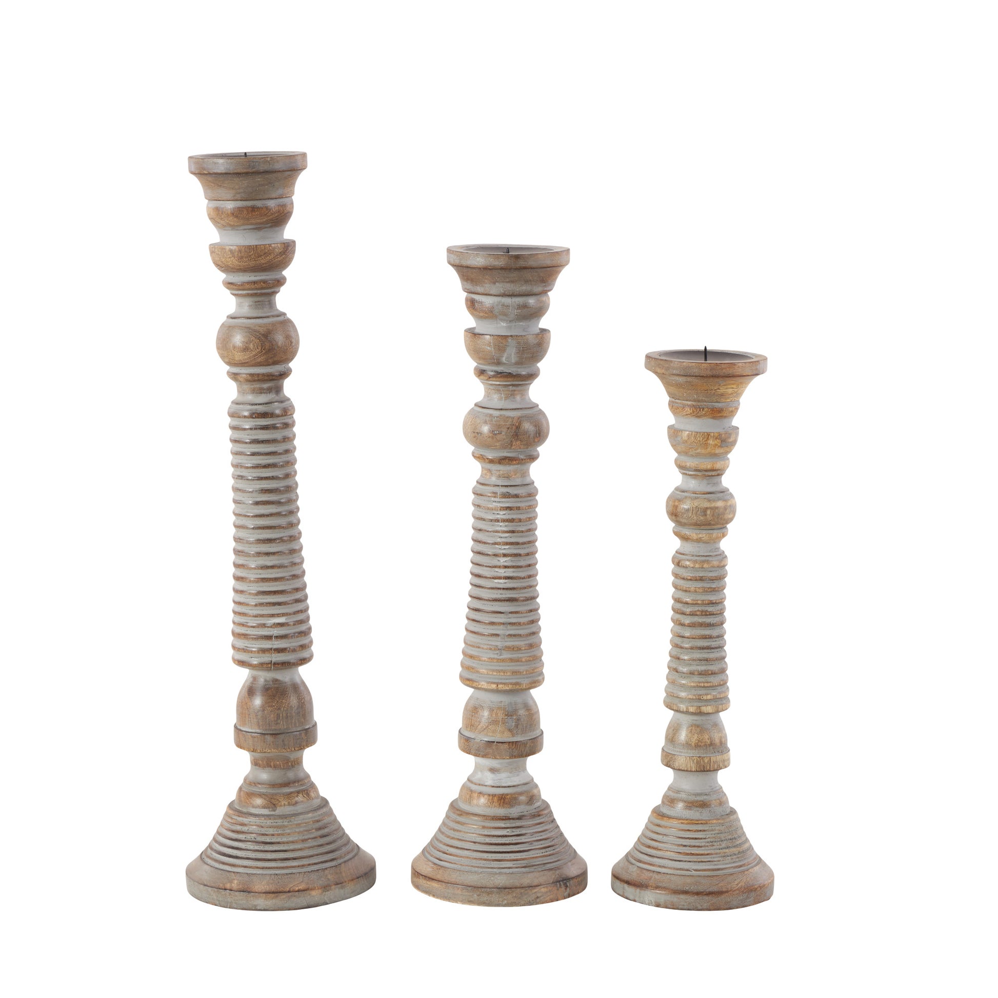 Set of 3 Light Gray Mango Wood Handmade Decorative Candle Holder