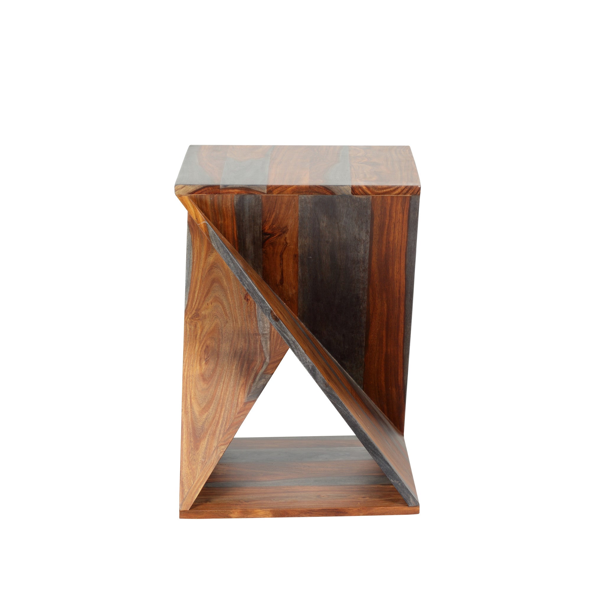 Geometric Brown Sheesham Wood Cutout Angular Twisted Side End Accent Table with Natural Wood Grains