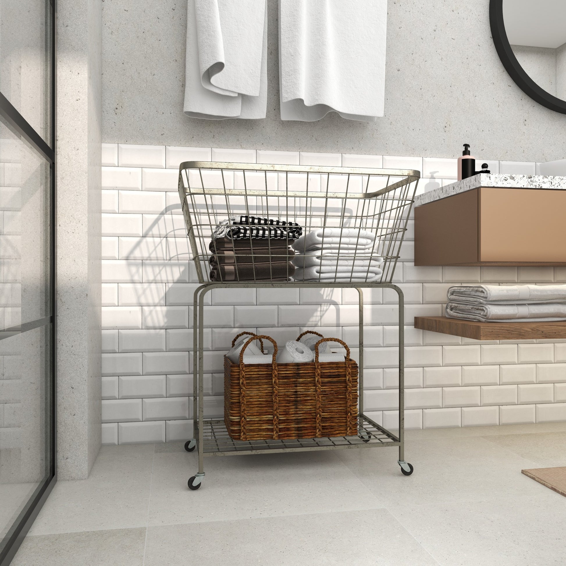 Gray Metal Deep Set Wire Basket Mobile Storage Cart with Wheels