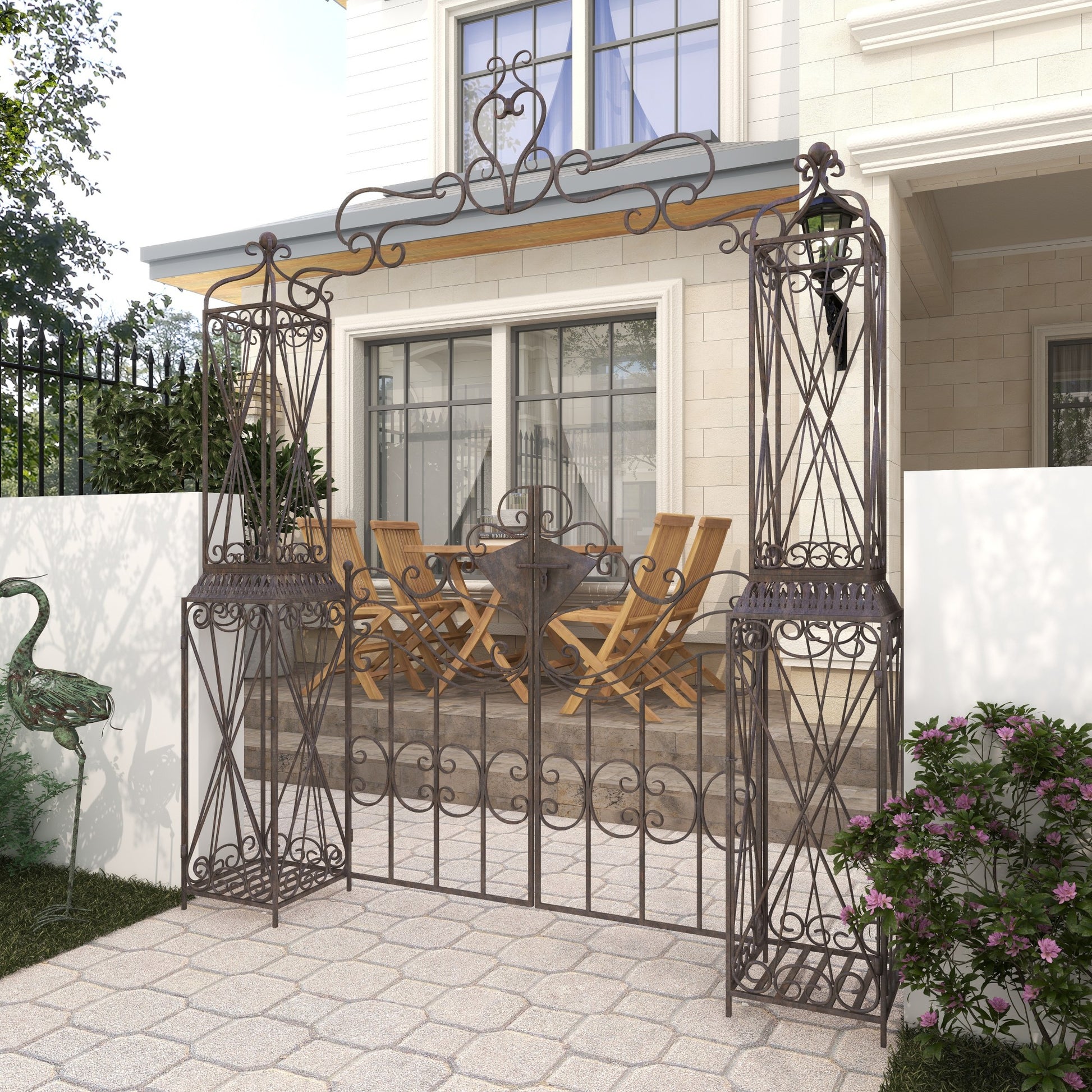 Scroll Bronze Metal Indoor Outdoor Arched Gate Indoor Outdoor Garden Arbor with Pillars and Latch Lock Closure