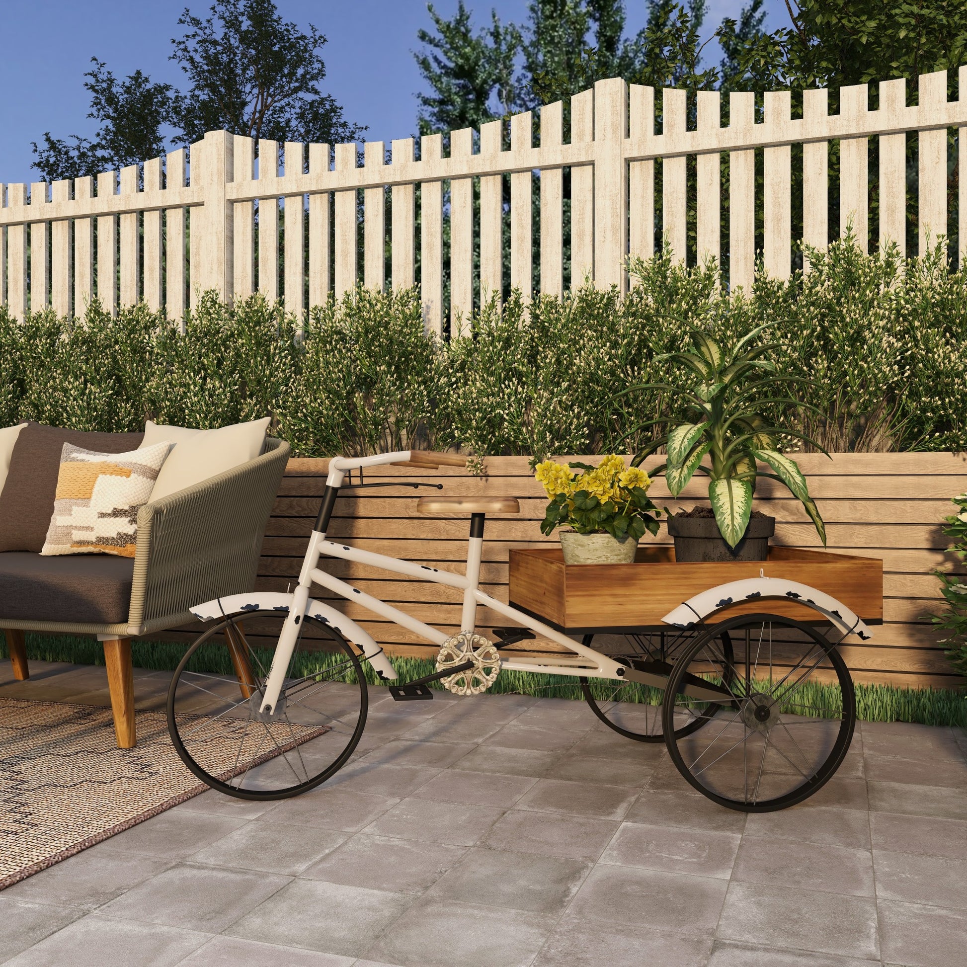 Bike White Metal Vintage Indoor Outdoor Plantstand with Brown Wood Accents