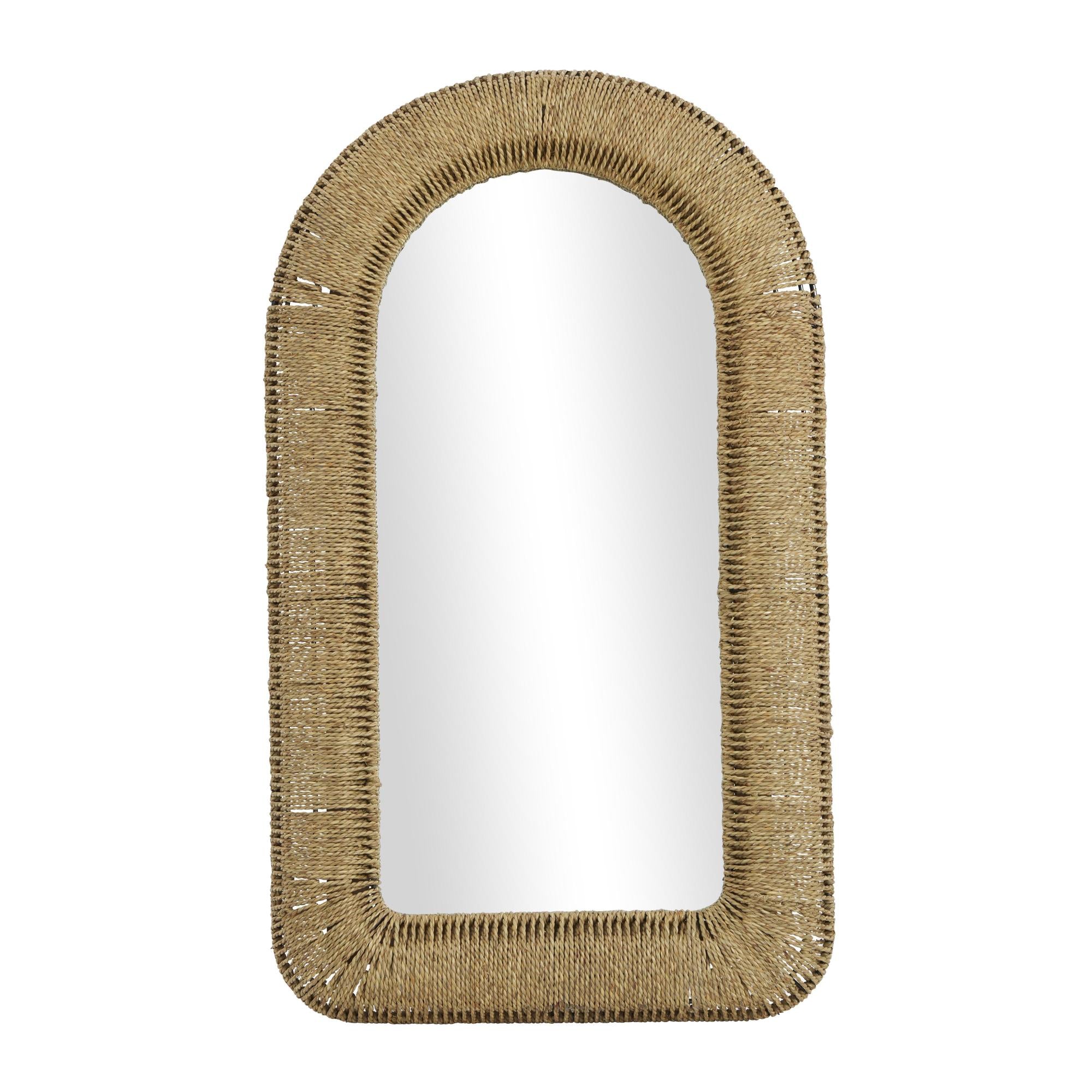 Brown Rattan Woven Room Wall Mirror with Arched Top