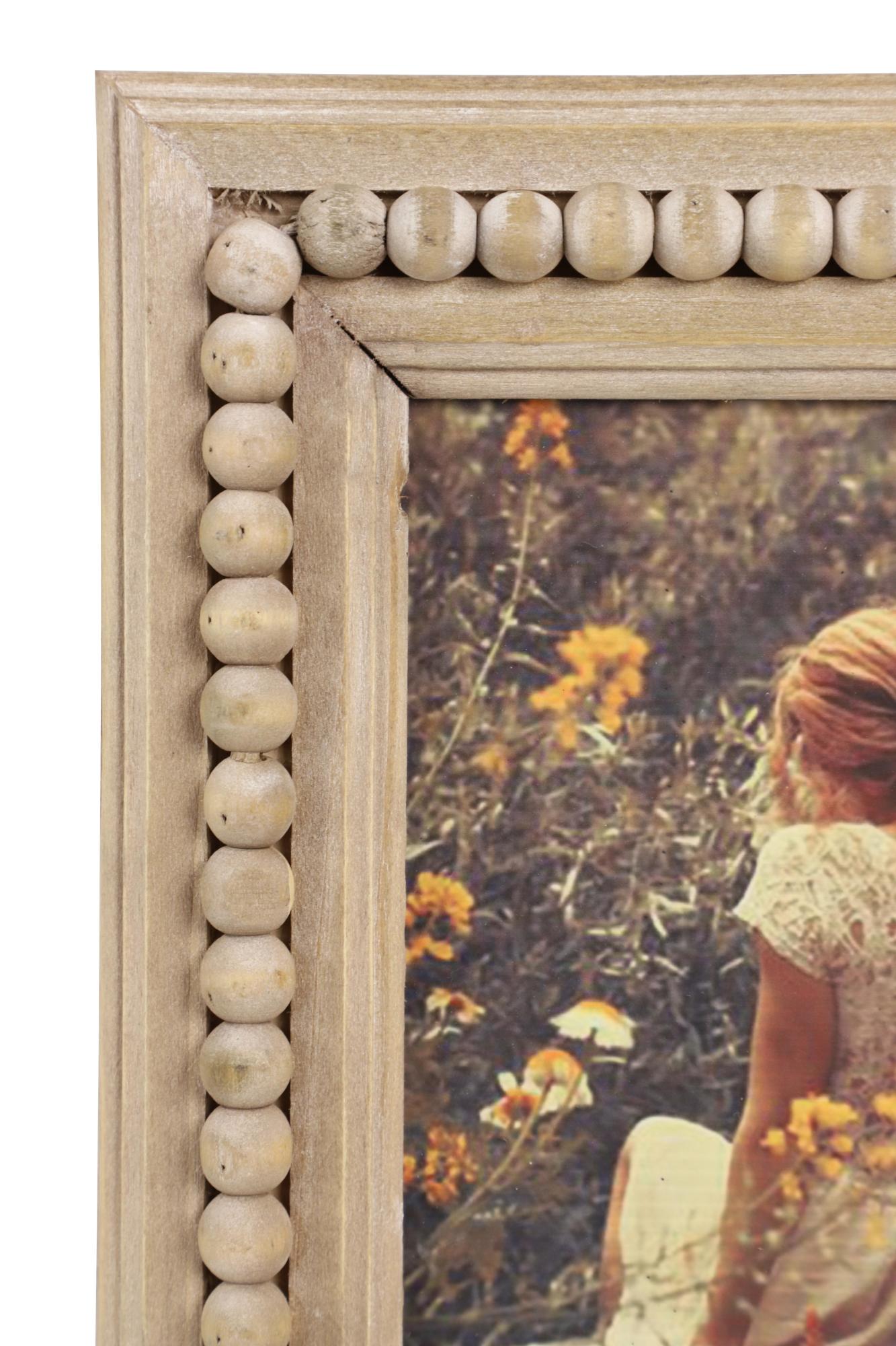 Light Brown Wood Beaded 1 Slot Ornate Photo Frame