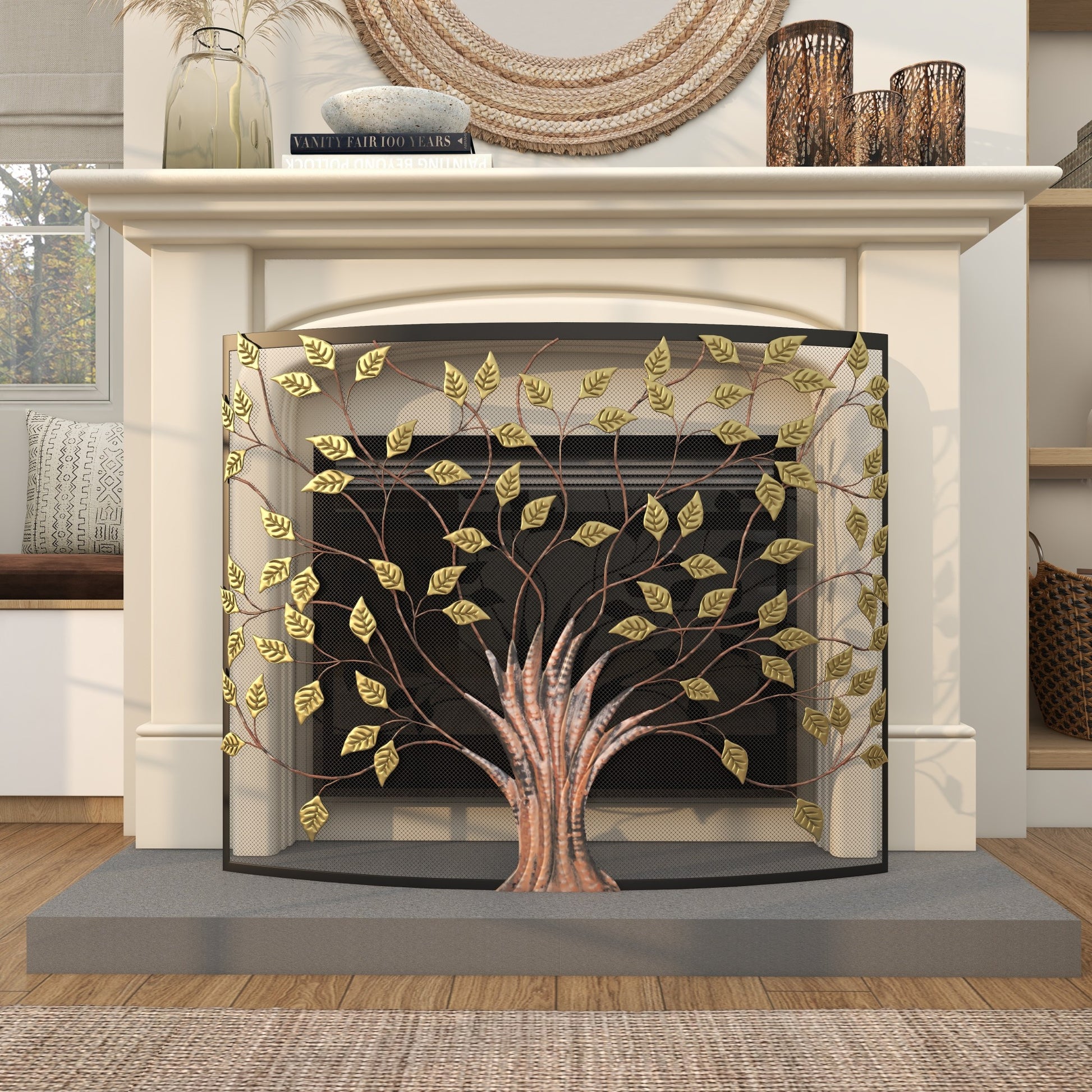Tree Bronze Metal Sculpted Relief Single Panel Living Room Fireplace Screen with Curved Mesh Netting