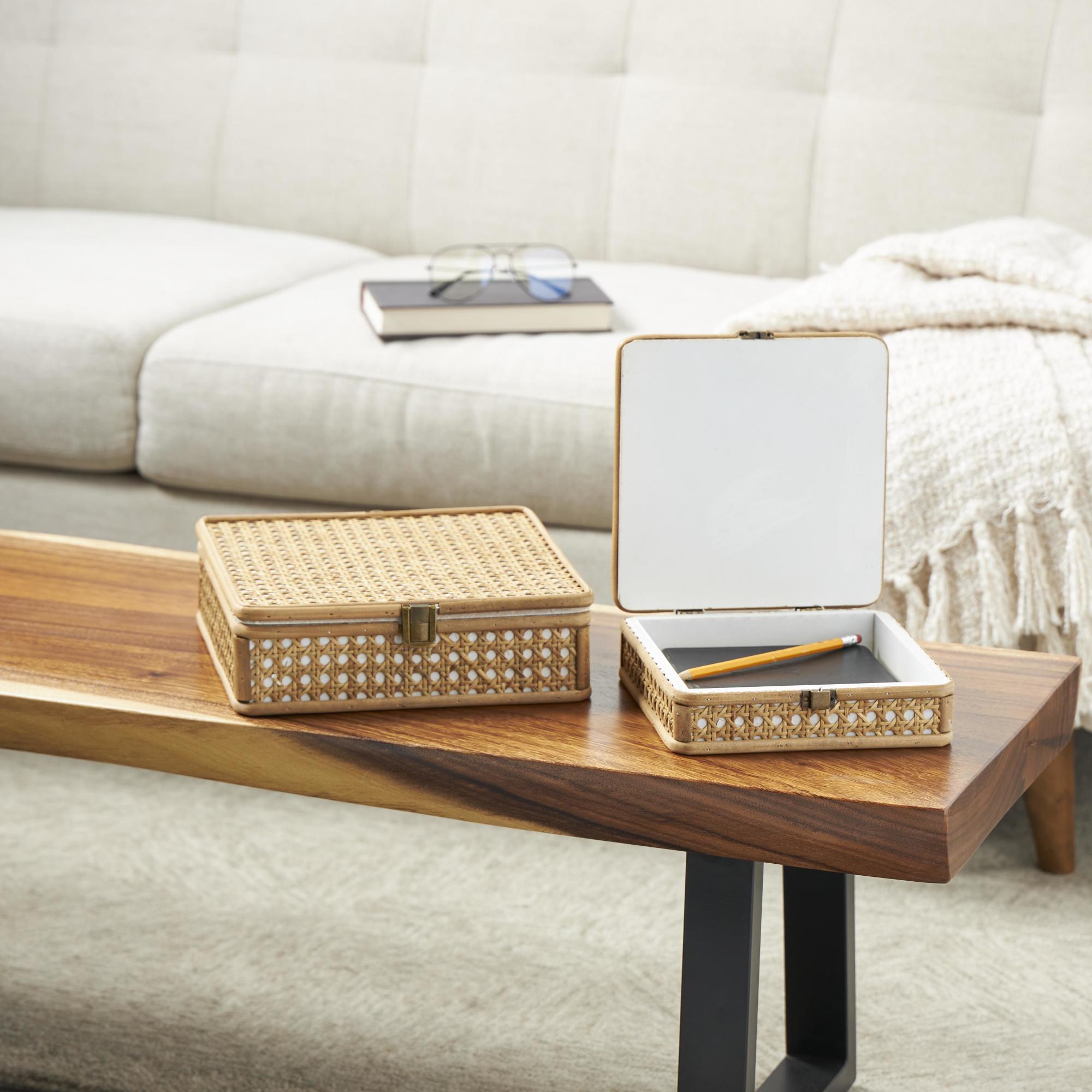 Set of 2 Brown Rattan Handmade Woven Rattan Decorative Box with Bronze Latches