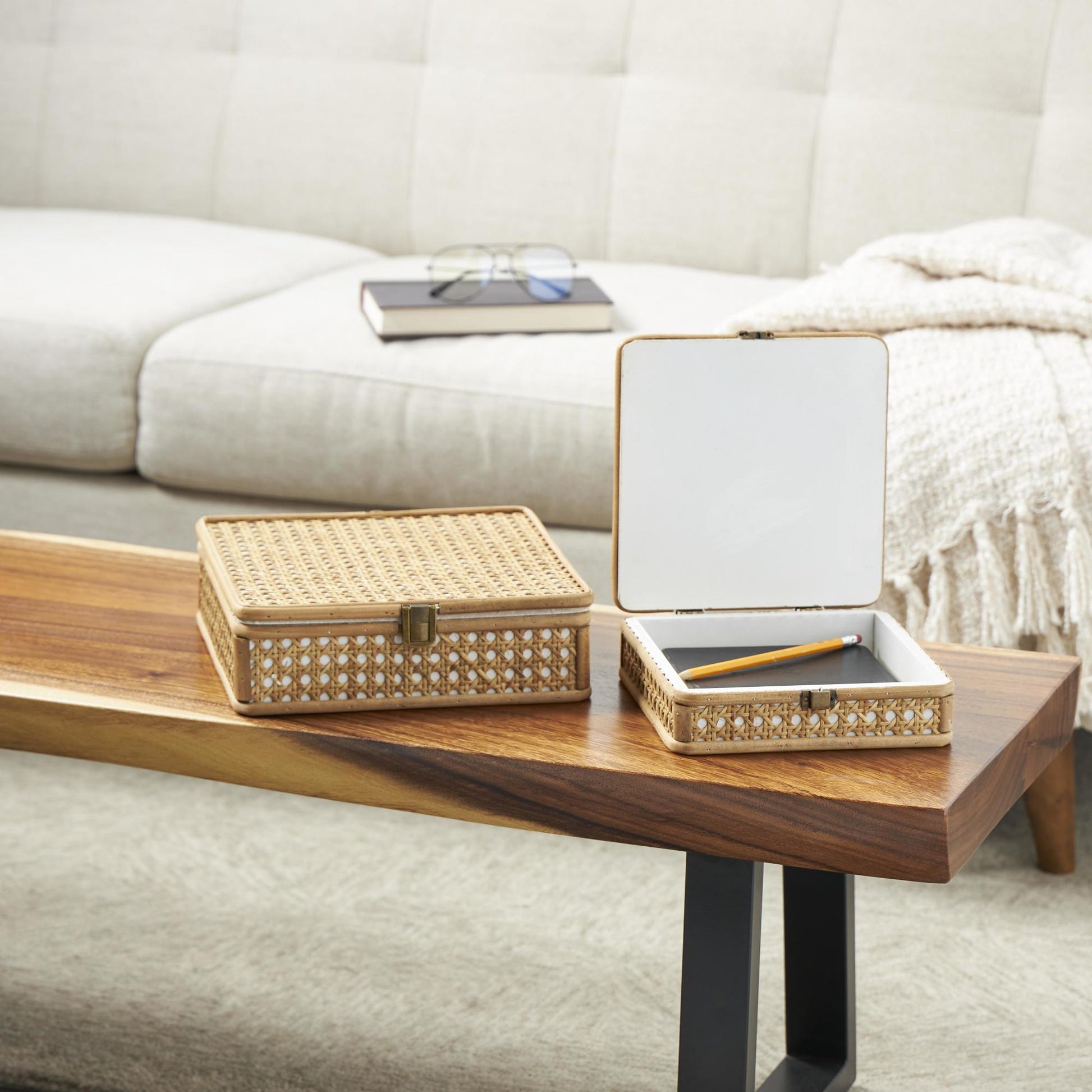 Set of 2 Brown Rattan Handmade Woven Rattan Decorative Box with Bronze Latches