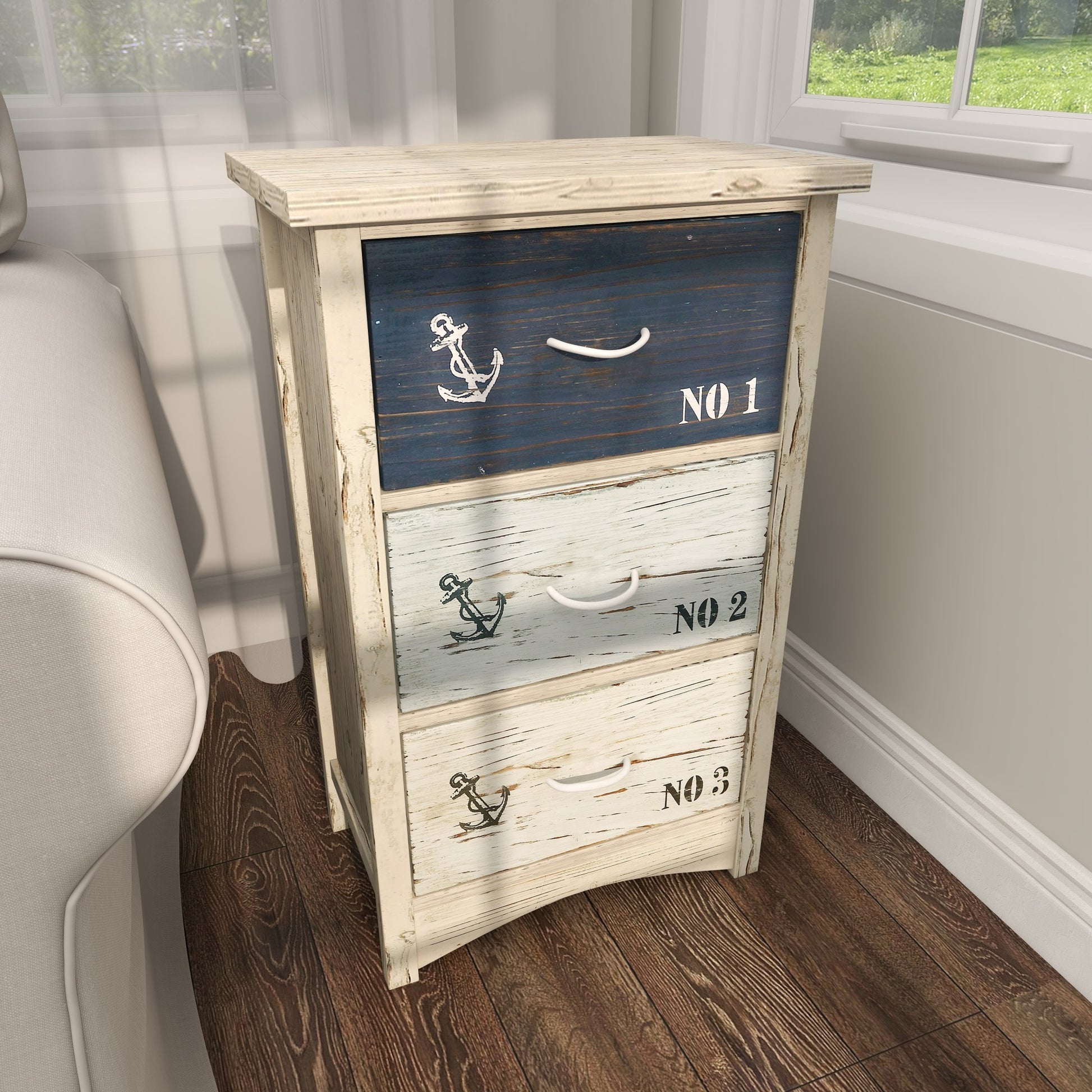 Anchor Blue Wooden Small Distressed Room Chest with 3 Numbered Drawers and Rope Handles