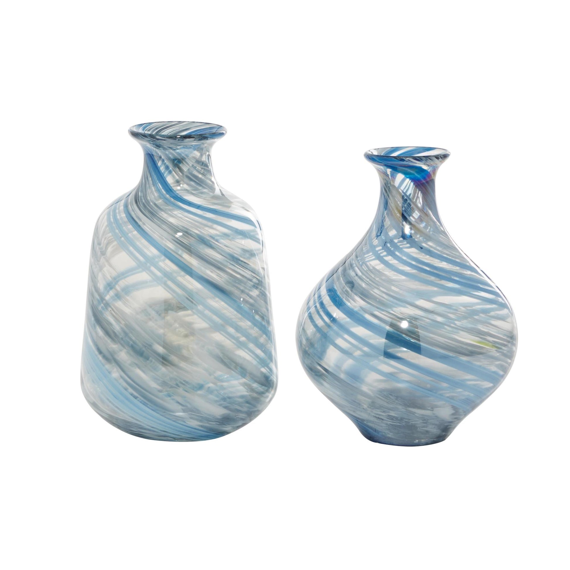 Set of 2 Blue Glass Handmade Blown Decorative Vase