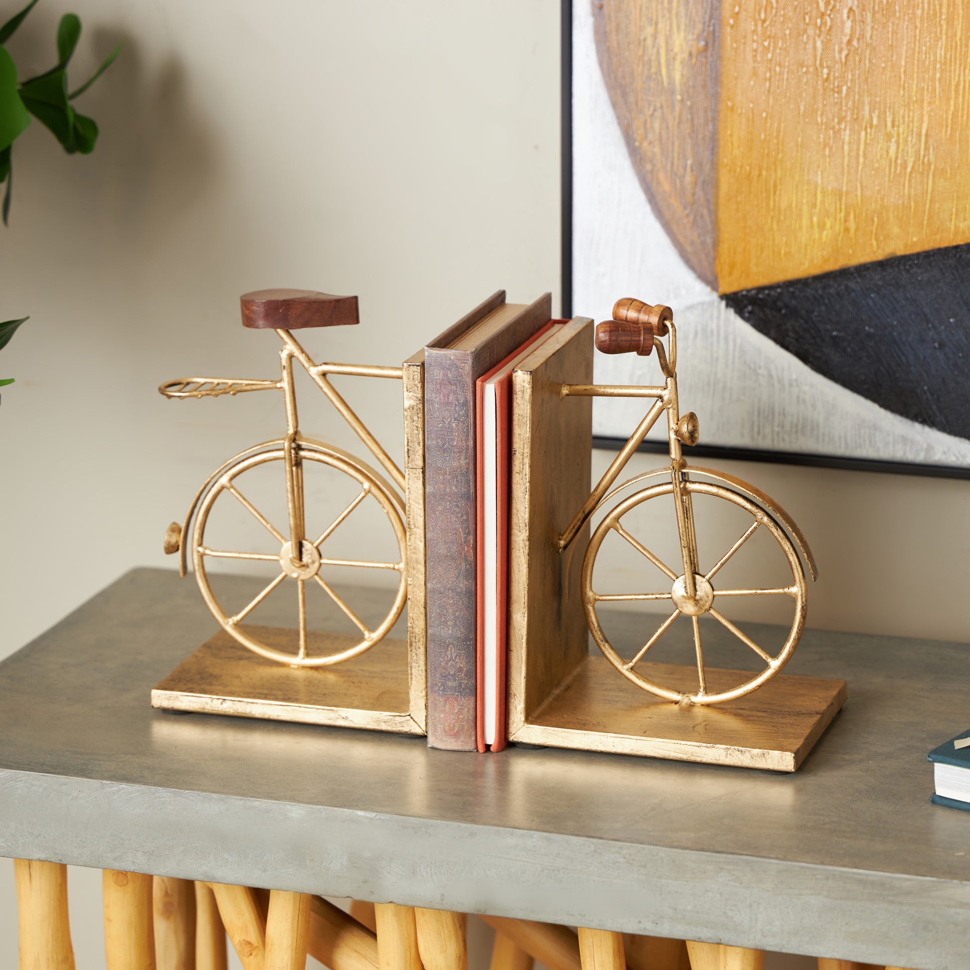 Set of 2 Bike Metal Vintage Inspired Decorative Bookends with Wood Accents Set of 2 7"W, 9"H