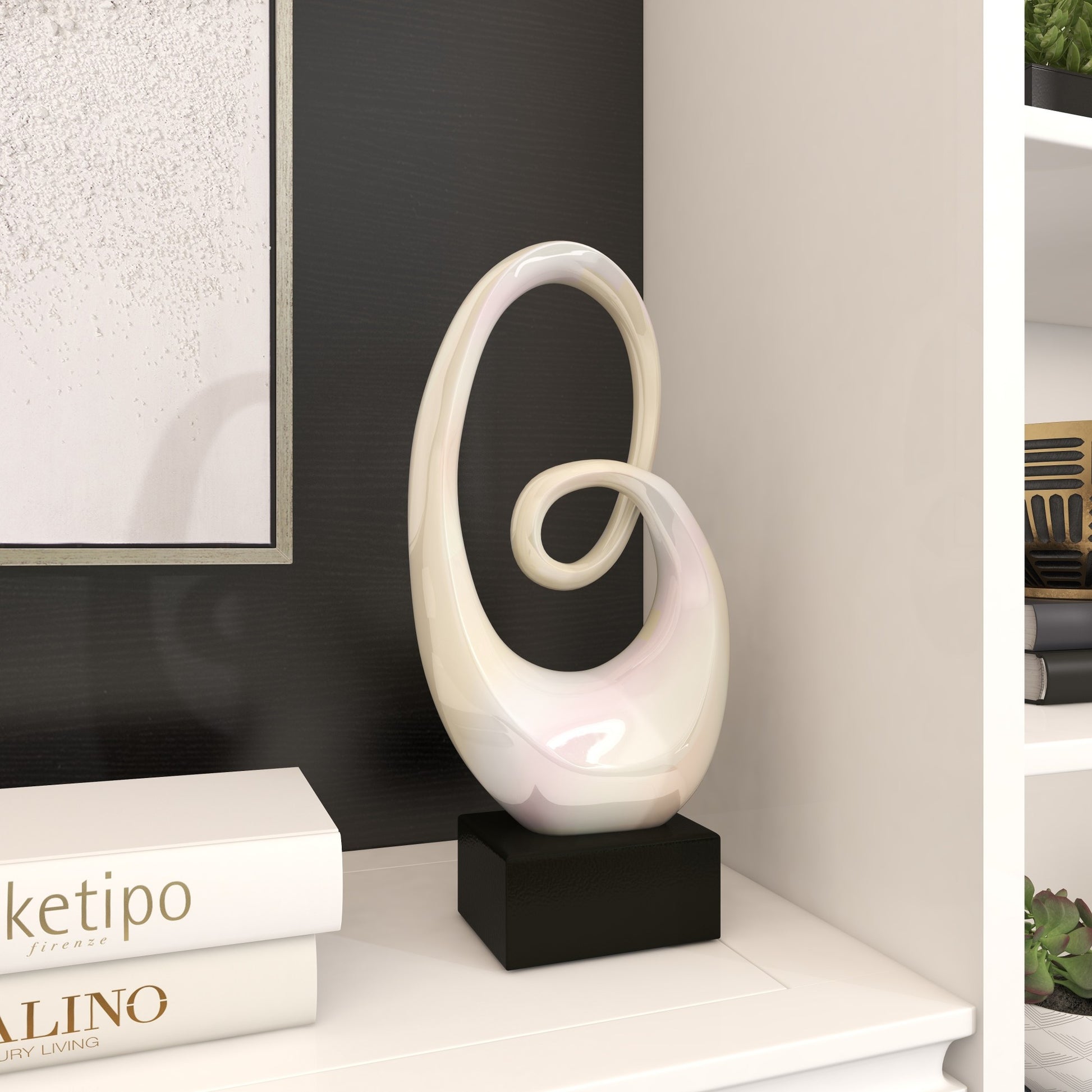Abstract Ceramic Swirl Decorative Sculpture with Black Wooden Base