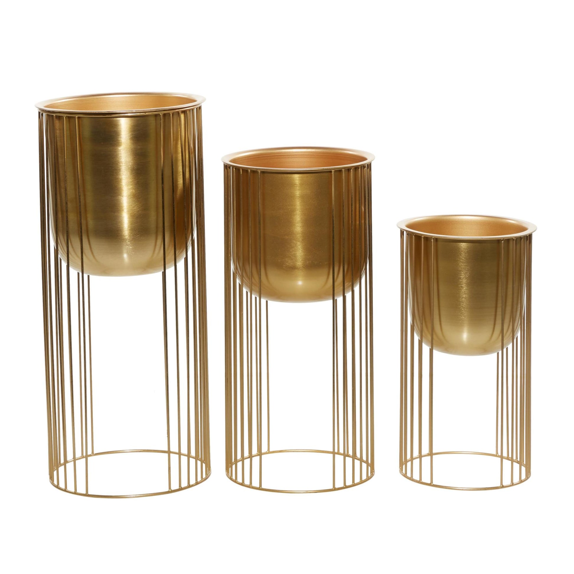 Set of 3 Gold Metal Deep Recessed Dome Indoor Outdoor Planter with Elevated Caged Stand
