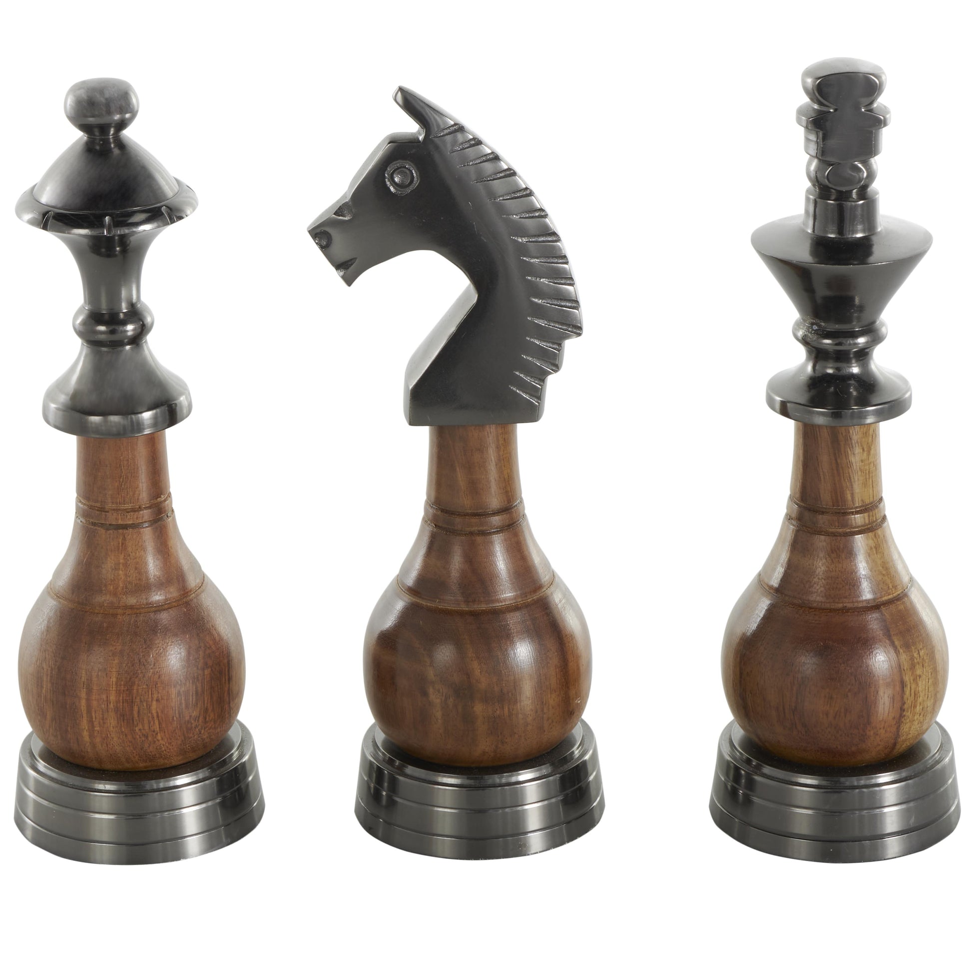 Set of 3 Chess Aluminum Metal Decorative Sculpture with Mango Wood Center Set of 3 2"W, 6"H