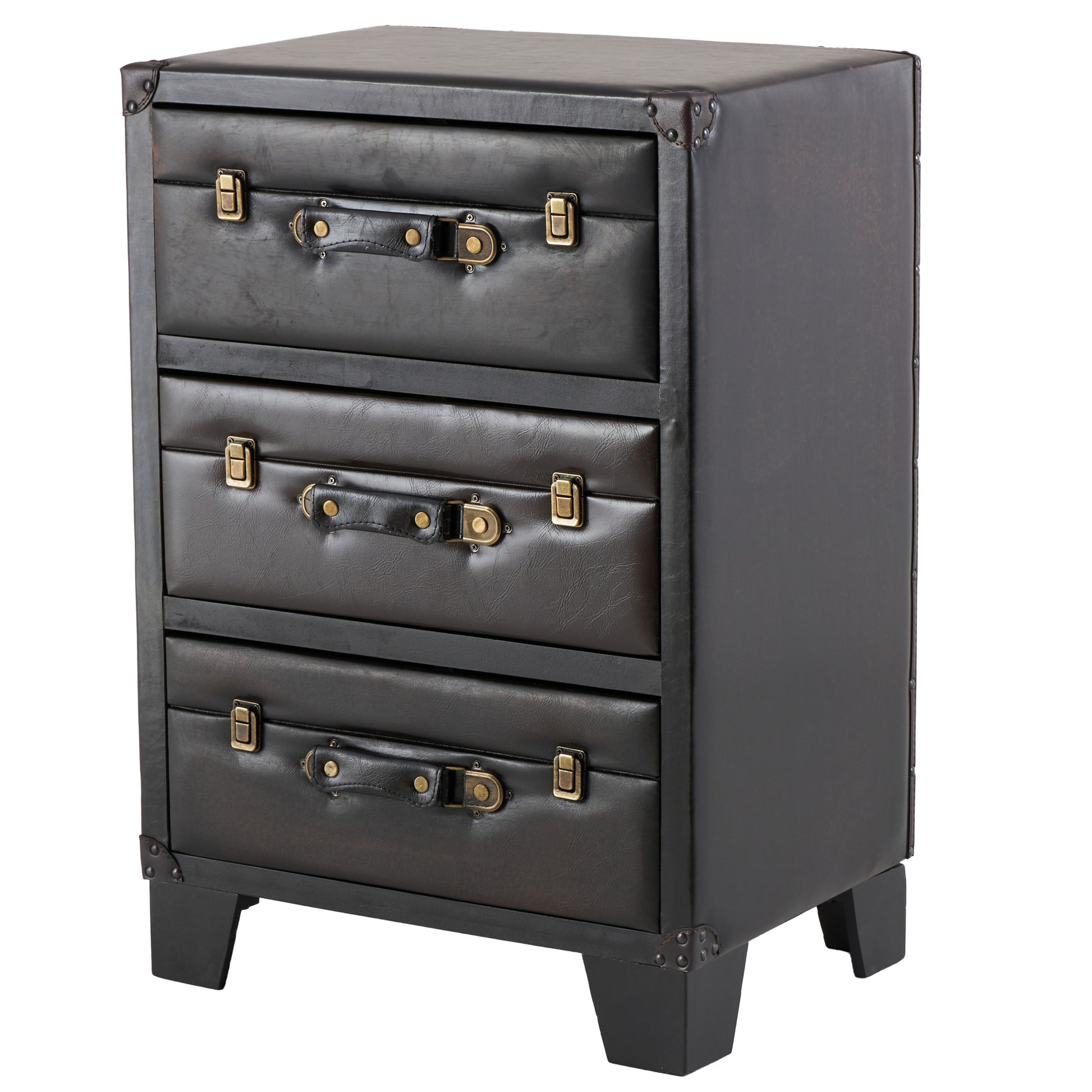Dark Brown Faux Leather Vintage Faux Leather 3 Drawer Room Chest with Gold Buckle and Strap Accents