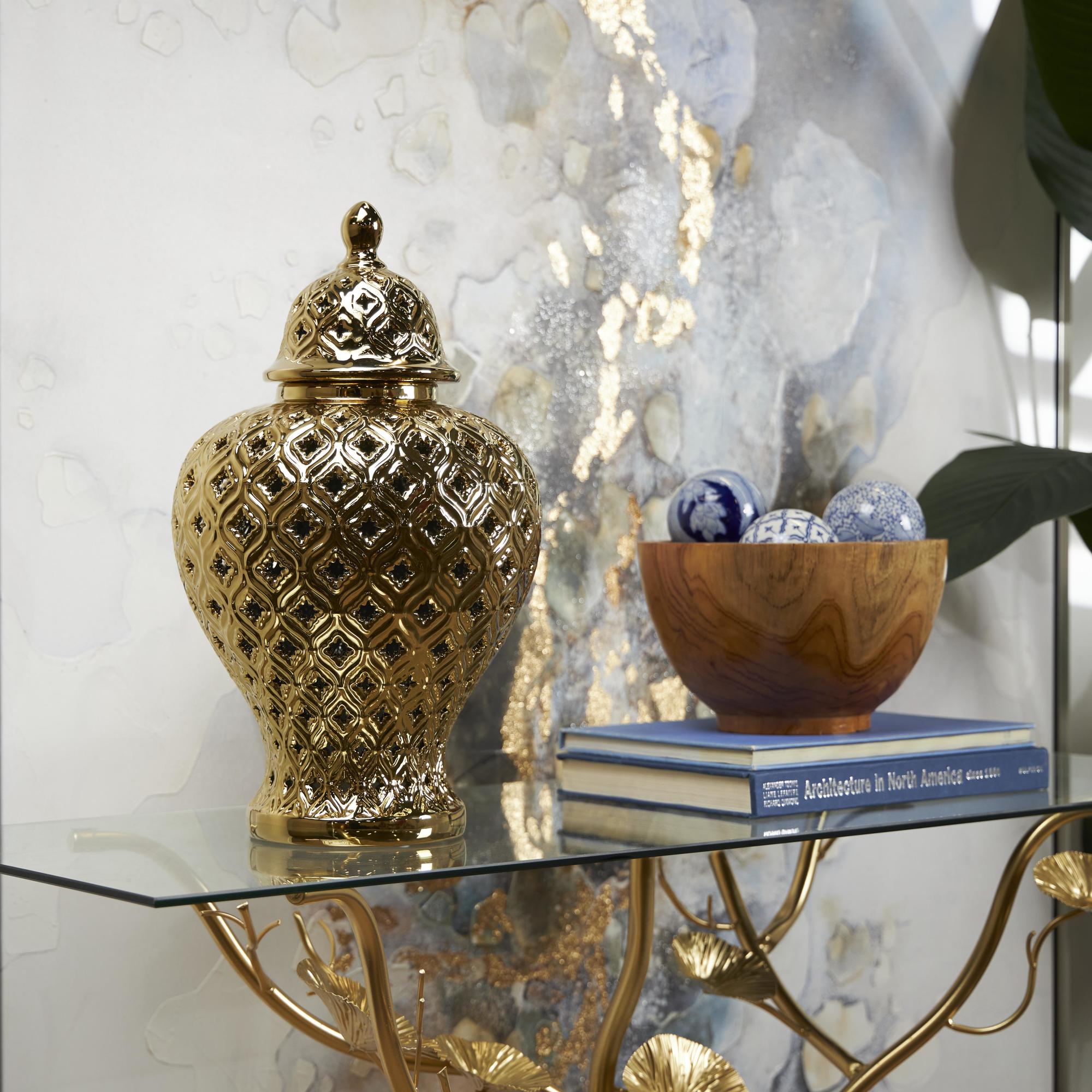 Gold Ceramic Living Room Decorative Jars with Geometric Cutout Design and Lid