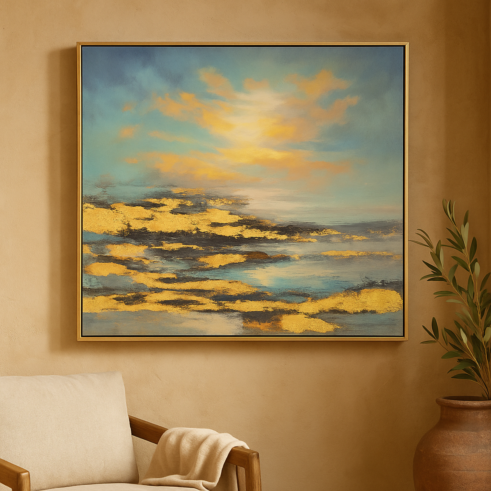 Geode Blue Canvas Landscape Living Room Framed Wall Art with Gold Frame