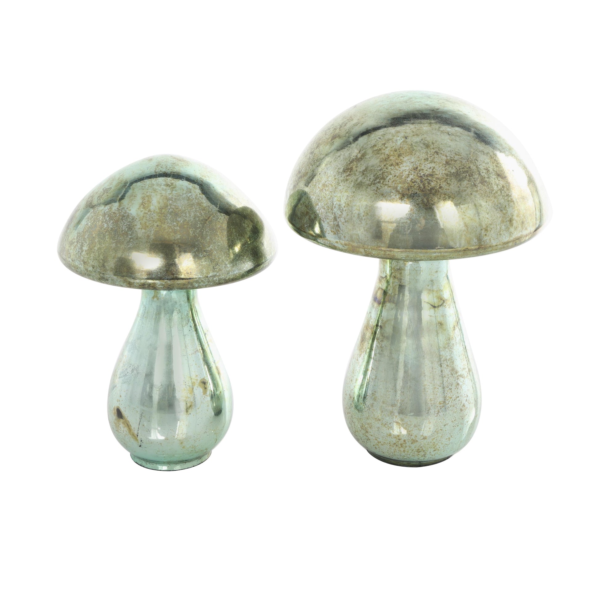 Set of 2 Mushroom Glass Handmade Glossy Weathered Decorative Sculpture
