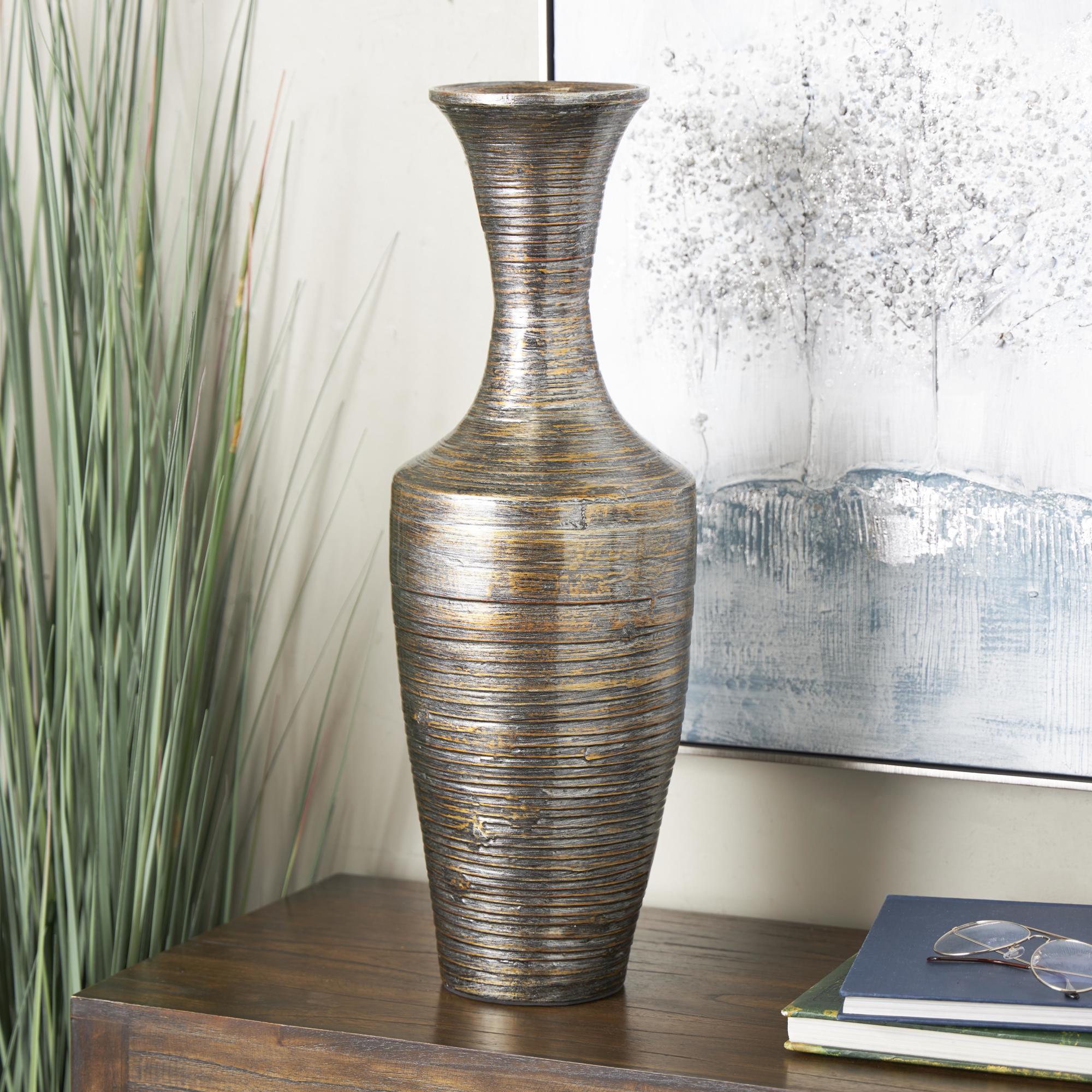 Dark Brown Bamboo Wood Tall Floor Decorative Vase with Lacquer