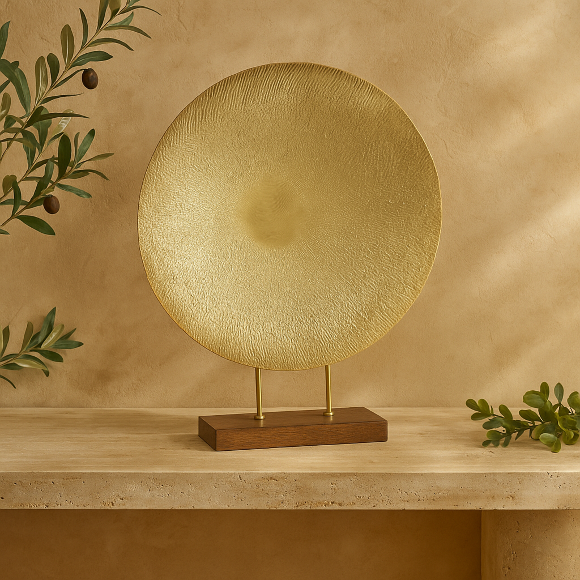 Geometric Gold Metal Plate Decorative Sculpture with Wood Stand