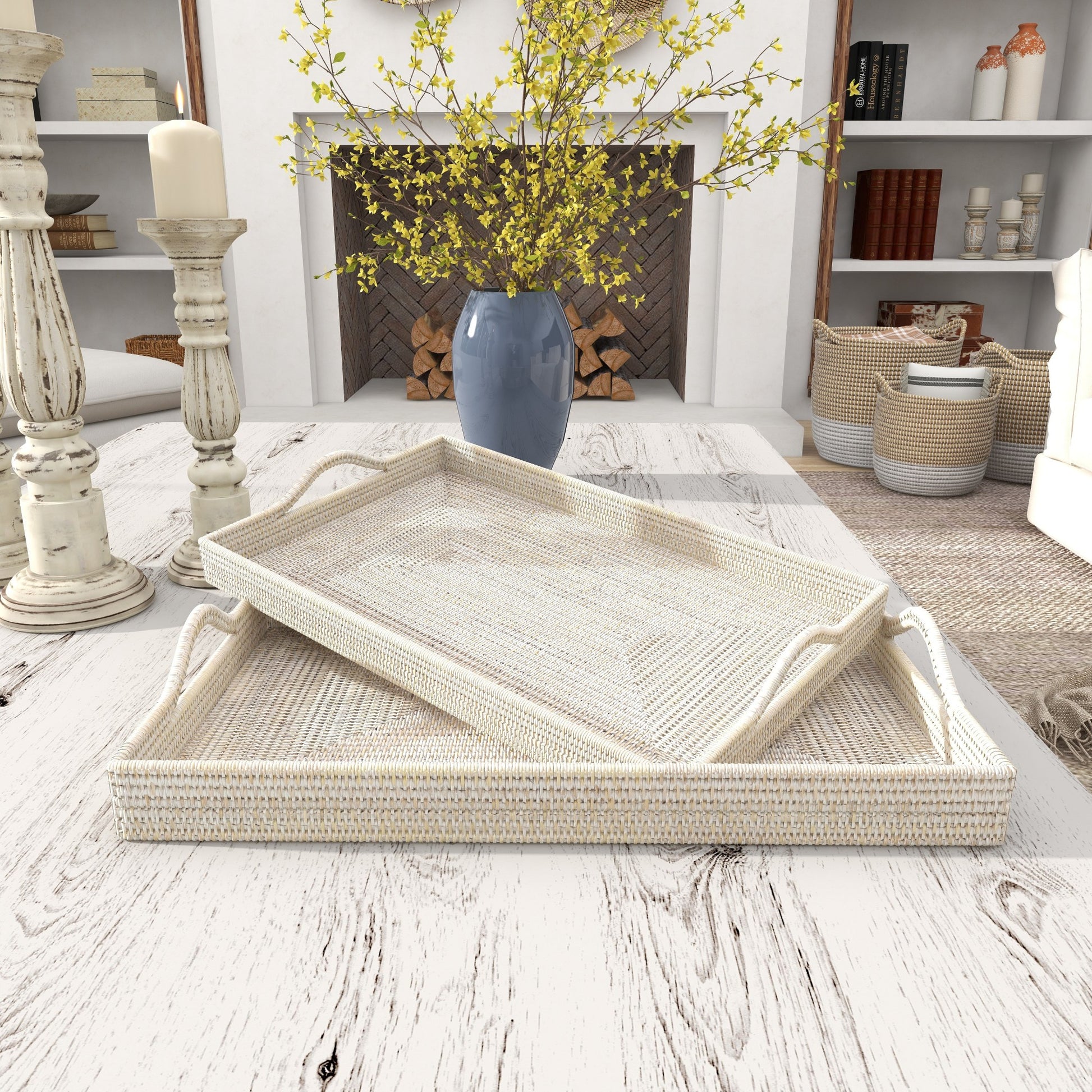 Set of 2 Rattan Large Rectangular Woven Living Room Decor Tray