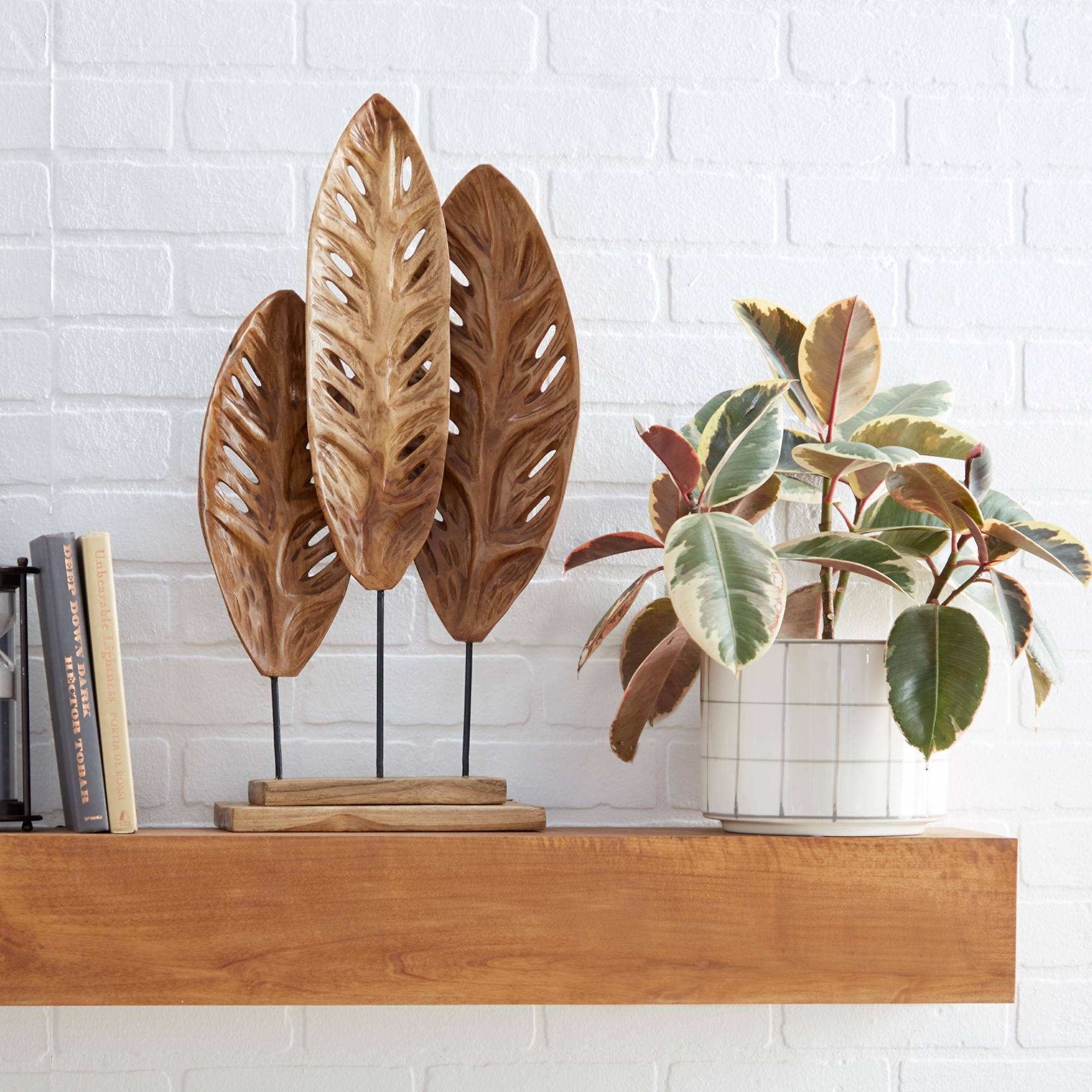 Leaf Brown Teak Wood Handmade Decorative Sculpture