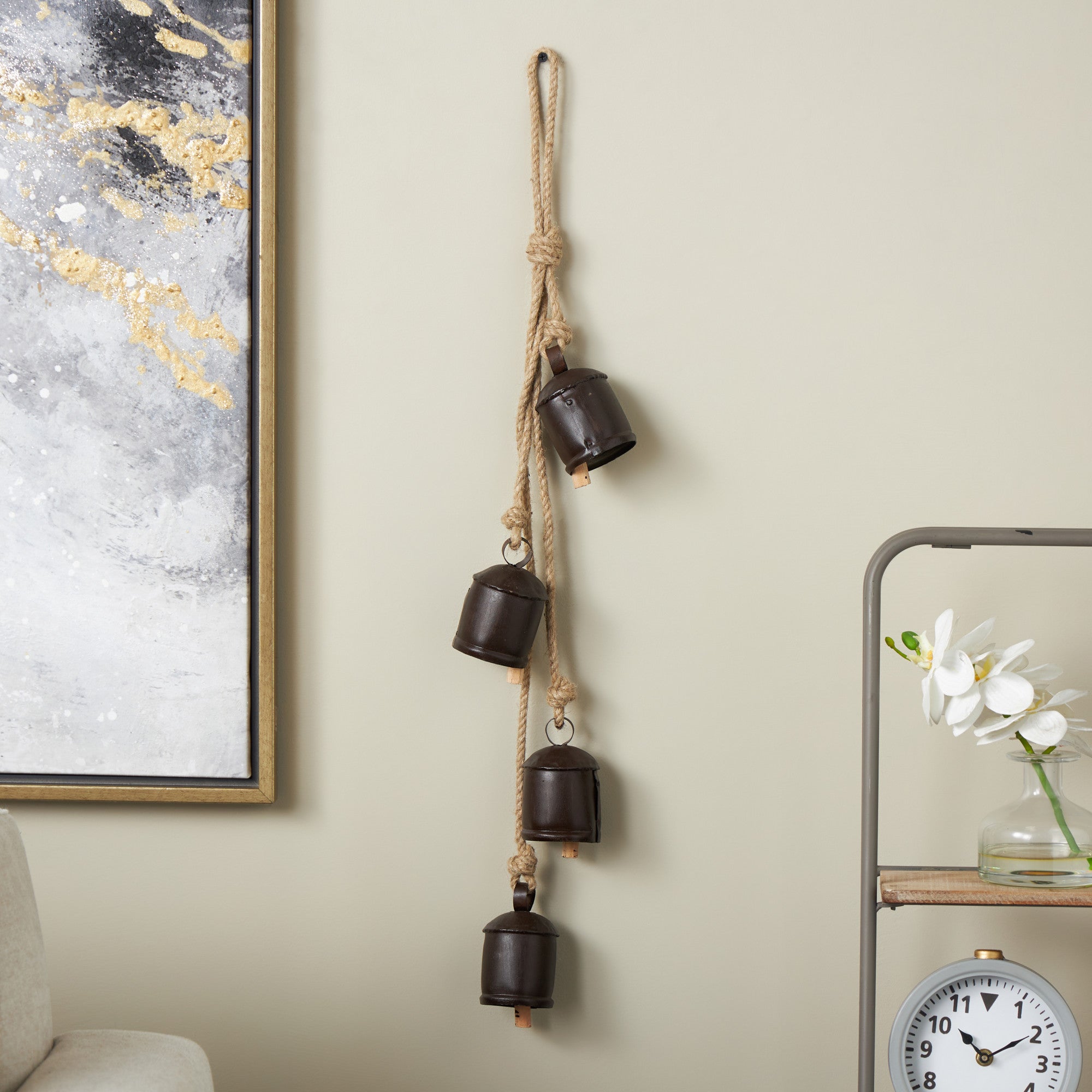 Metal Tibetan Inspired Indoor Outdoor Decorative Cow Bells with 4 Bells on Jute Hanging Rope