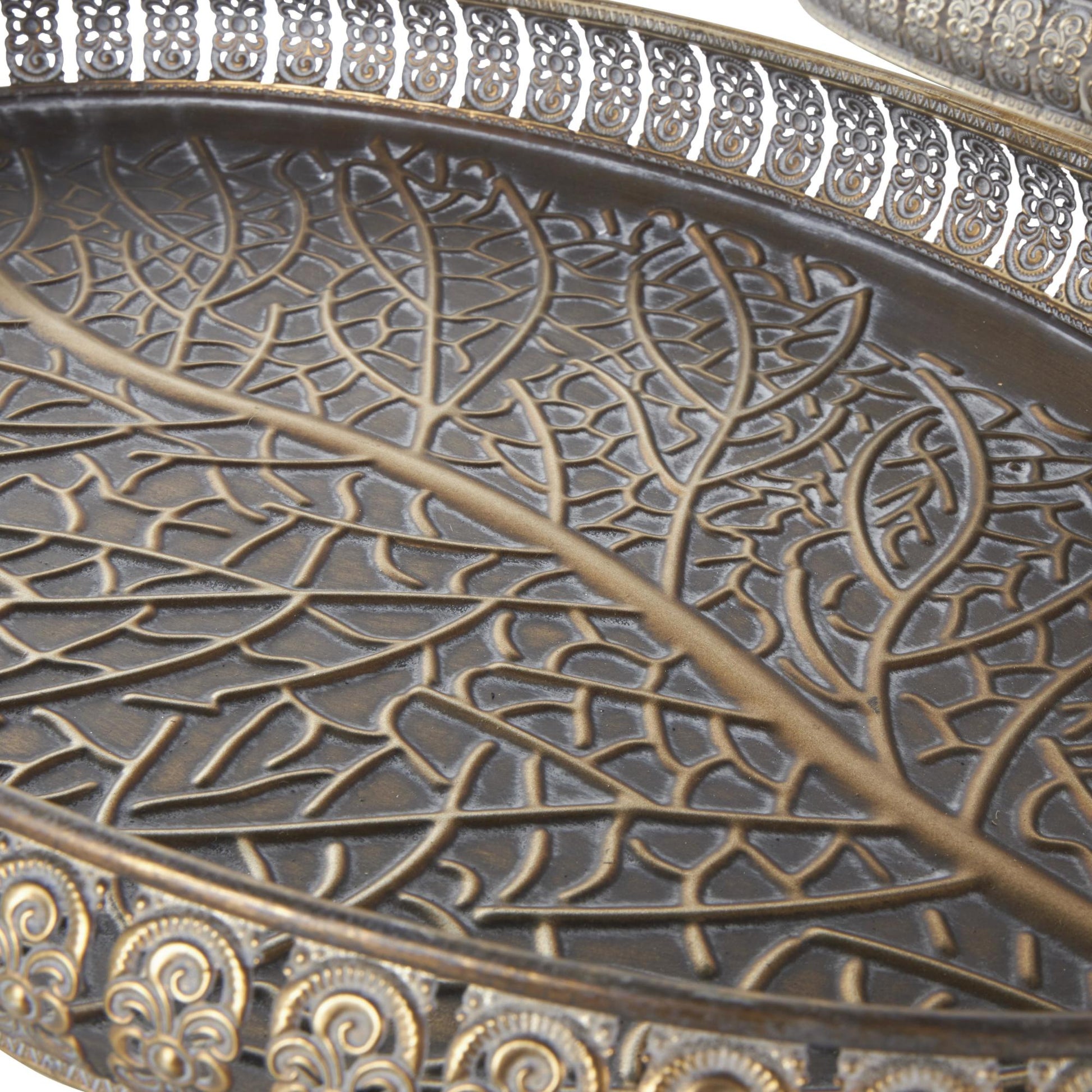 Set of 2 Scroll Brass Metal Ornate Oval Living Room Decor Tray with Tree Patterned Interior