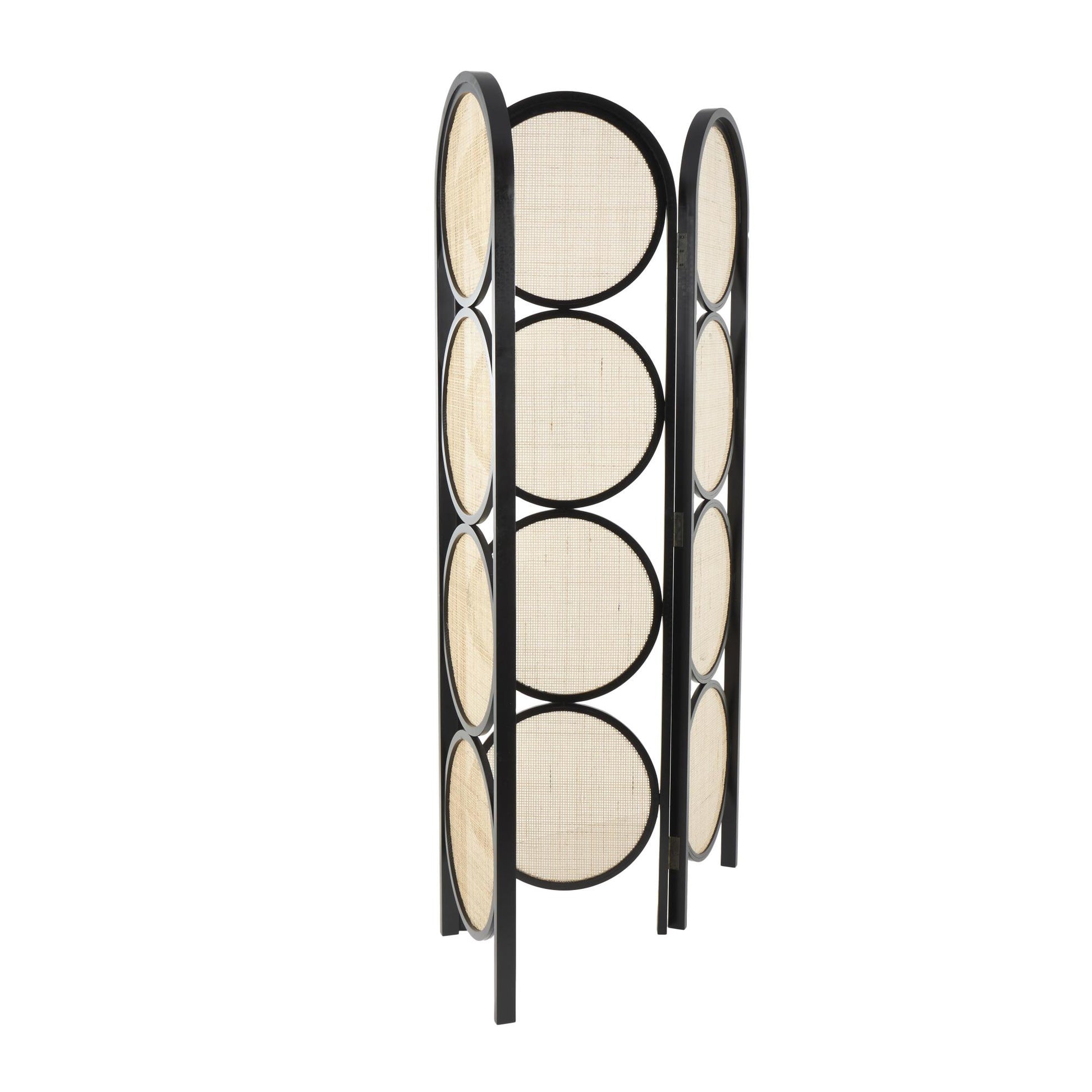 Geometric Black Wooden Handmade Arched Foldable 3 Panel Partition Room Divider Screen with Woven Cutouts