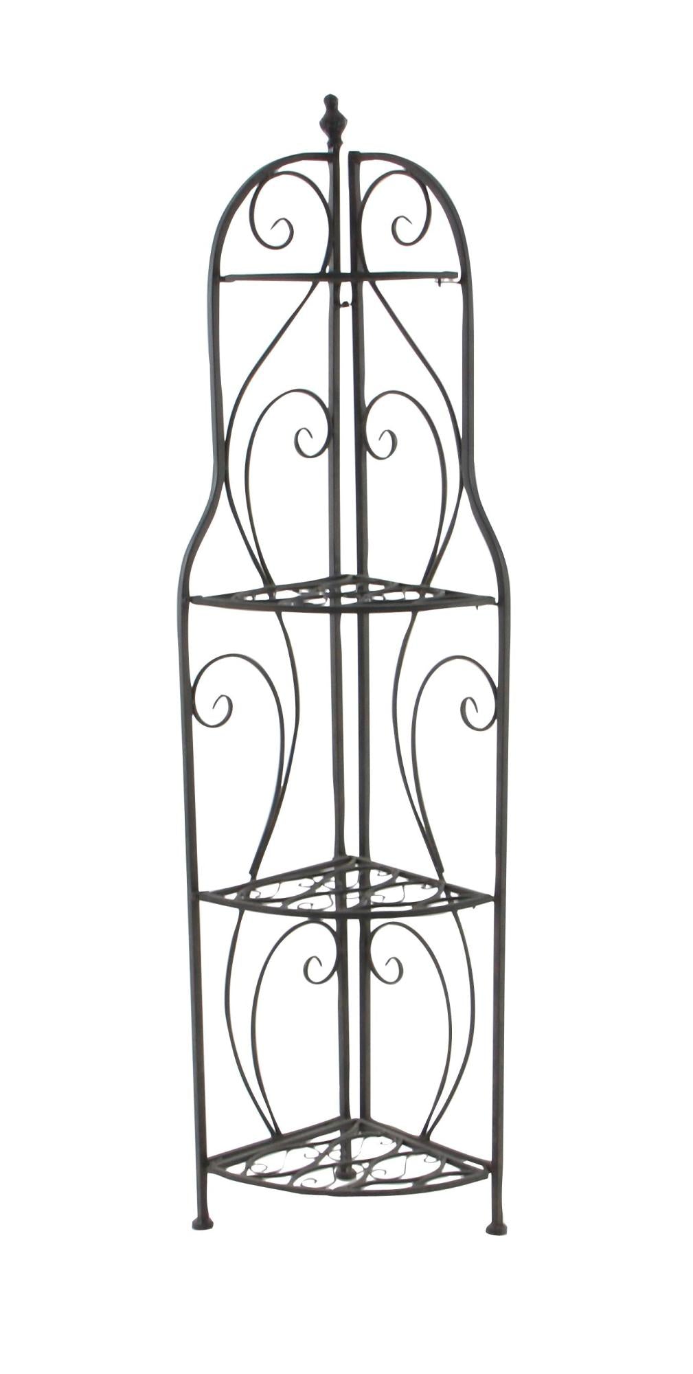 Scroll Black Metal Indoor Outdoor Arched Tall Folding Corner 4 Shelf Decorative Bakers Rack