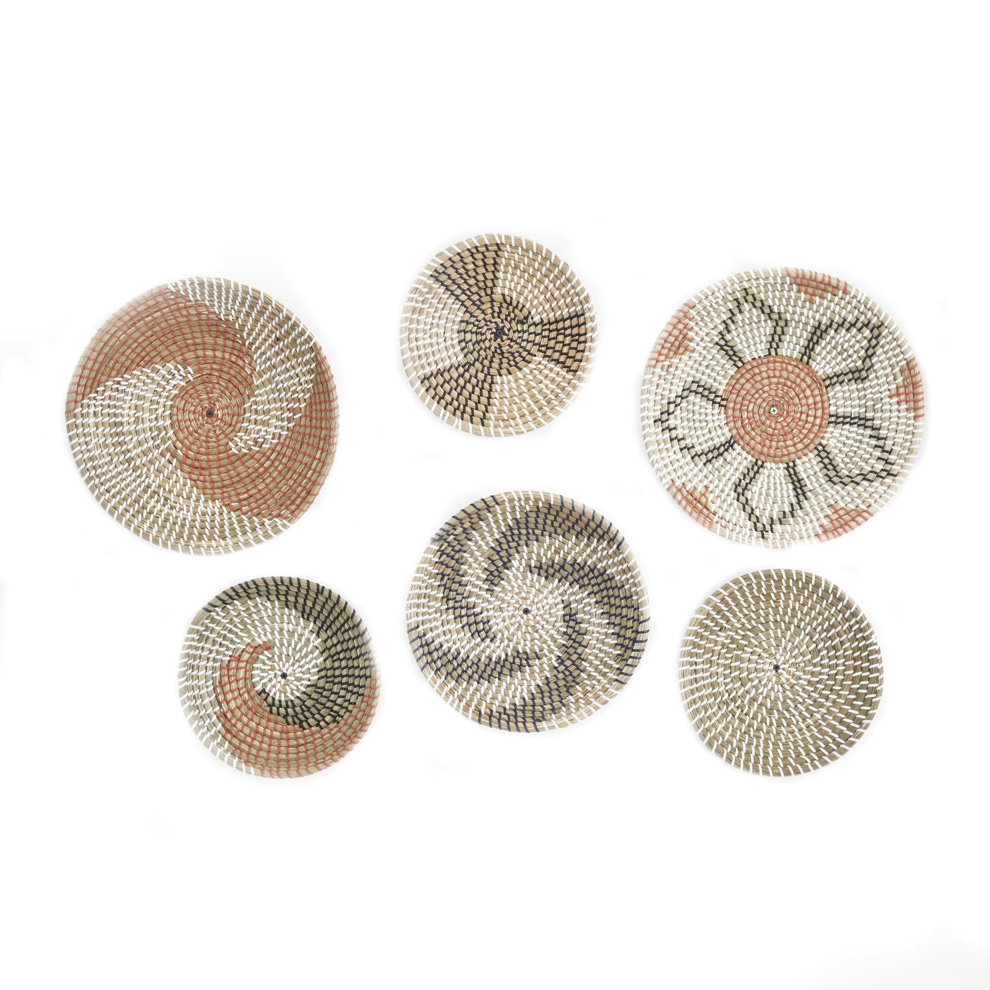 Set of 6 Plate Orange Seagrass Handmade Patterned Basket Home Wall Decor
