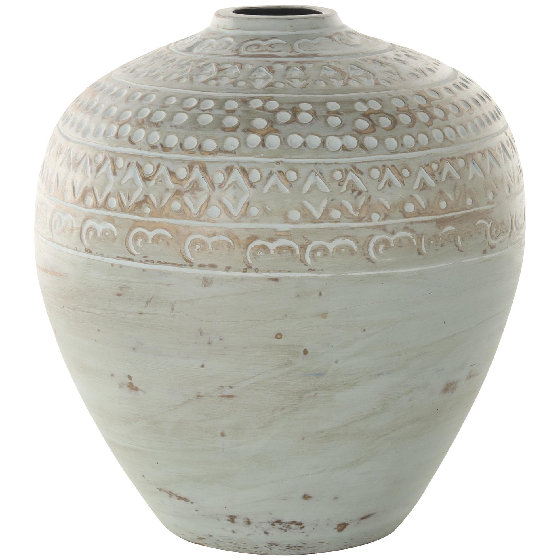 Green Ceramic Handmade Antique Style Wide Rounded Decorative Vase with Geometric Tribal Carvings