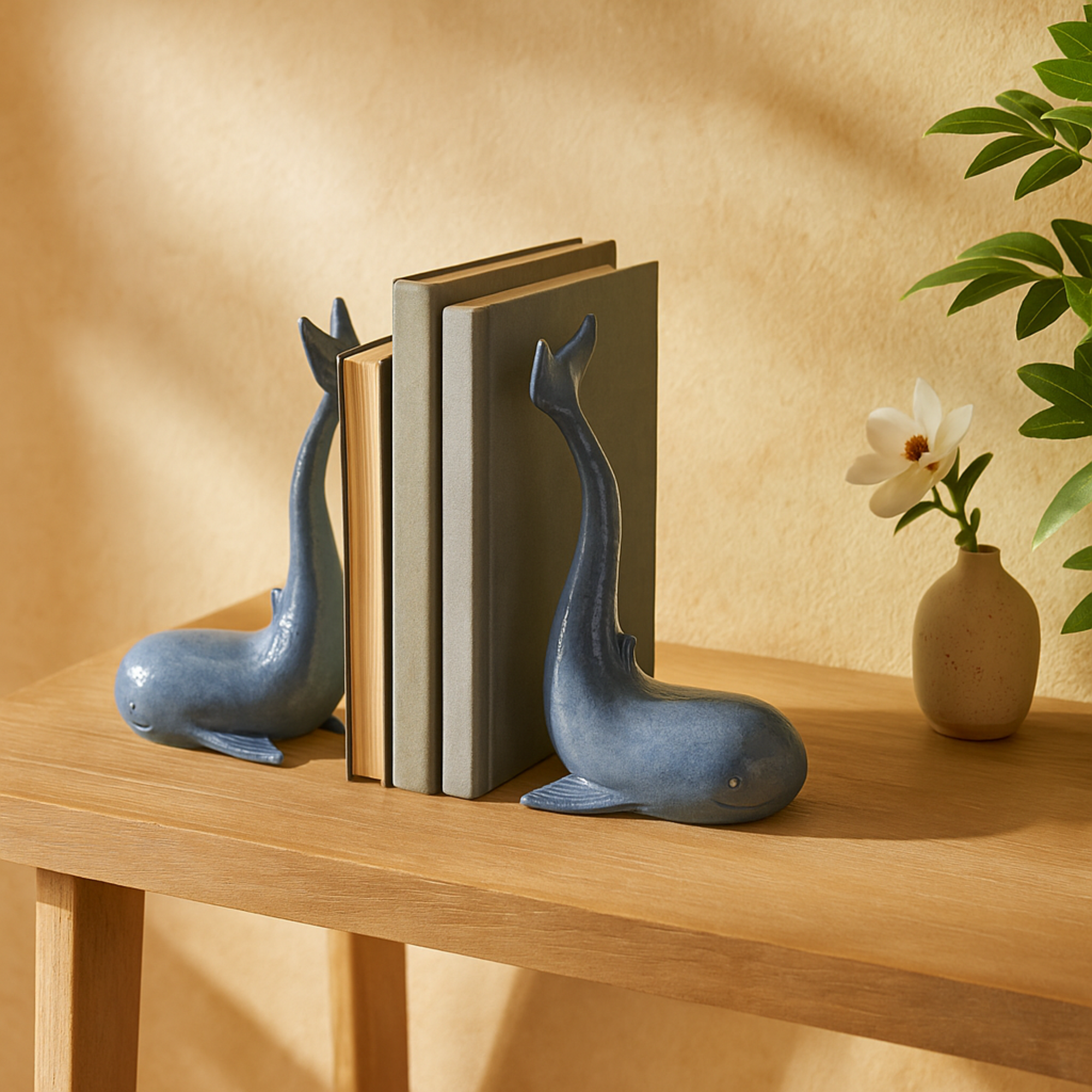 Set of 2 Dolphin Blue Metal Decorative Bookends with Raised Tails