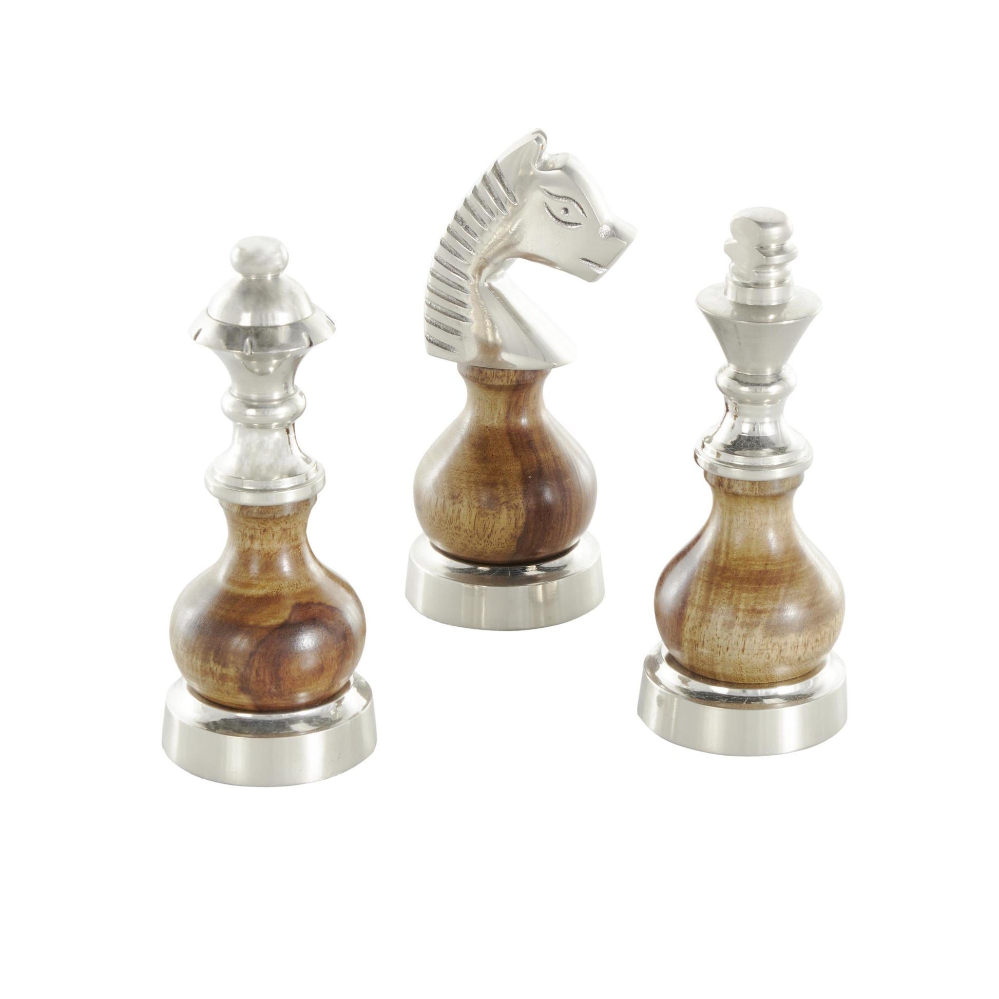 Set of 3 Chess Aluminum Metal Decorative Sculpture with Mango Wood Center Set of 3 2"W, 6"H